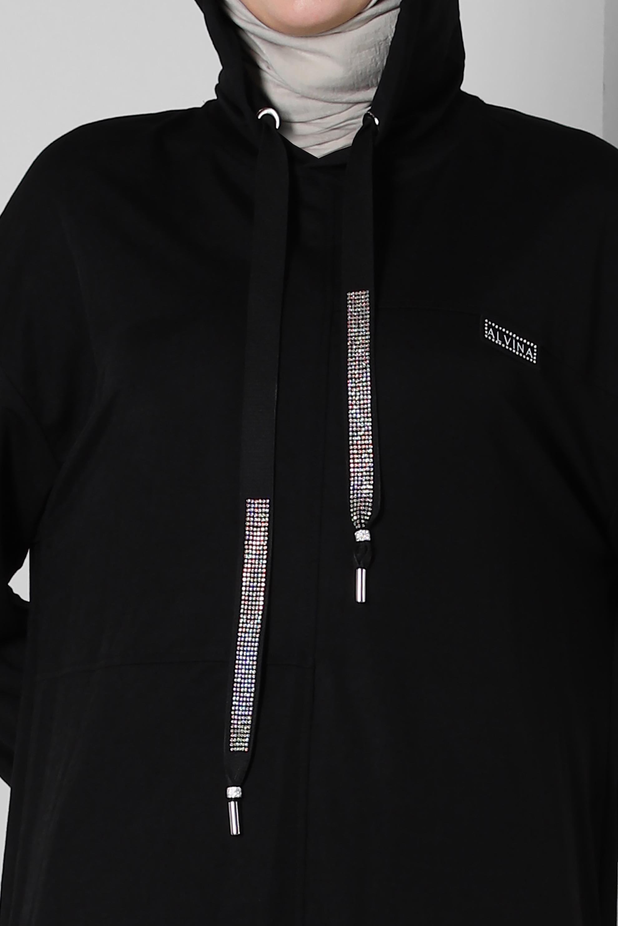 Tesettür giyim SİYAH KAPÜŞONLU BELİ LASTİKLİ İKİLİ EŞOFMAN TAKIM 43662