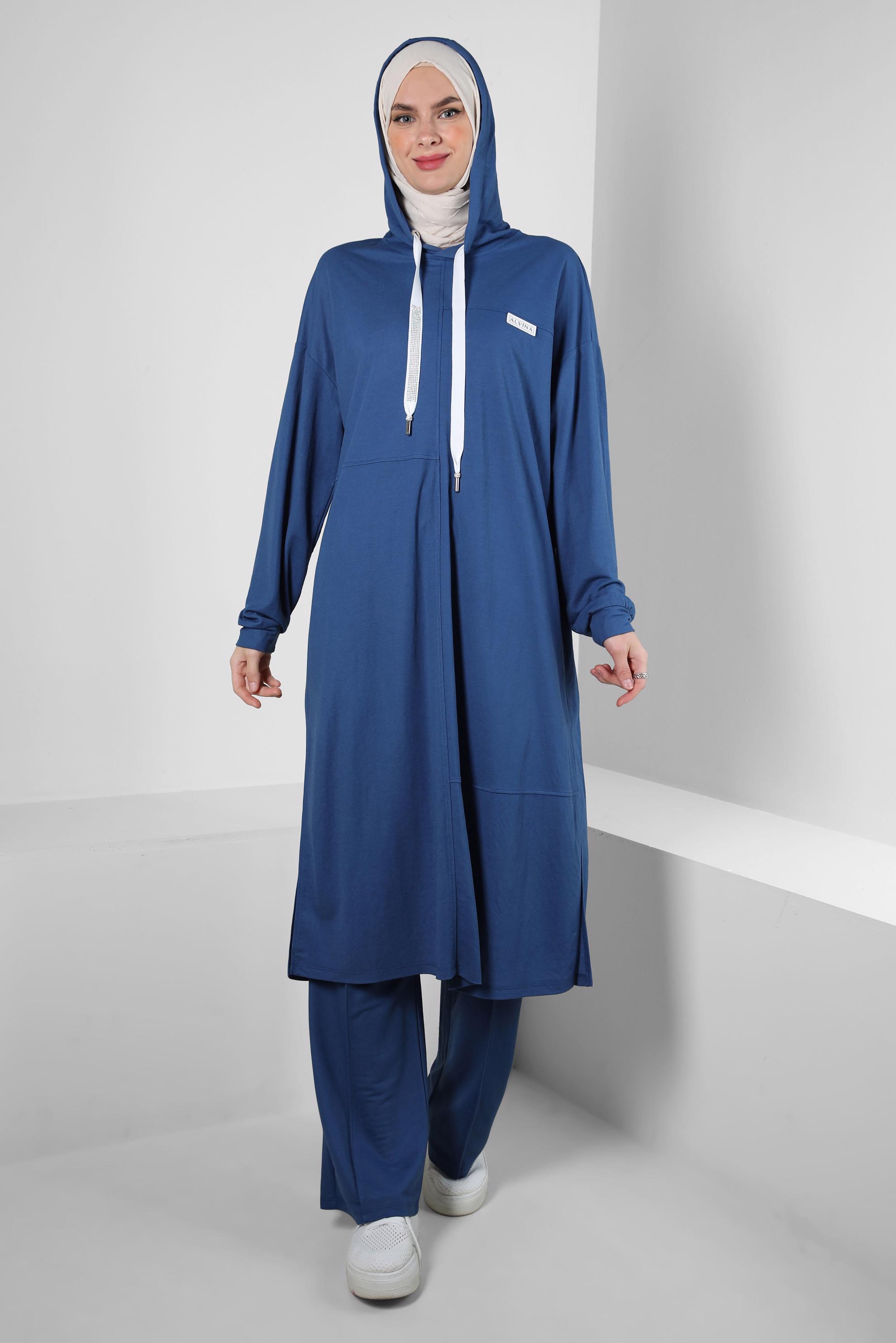 Tesettür giyim MAVİ KAPÜŞONLU BELİ LASTİKLİ İKİLİ EŞOFMAN TAKIM 43662