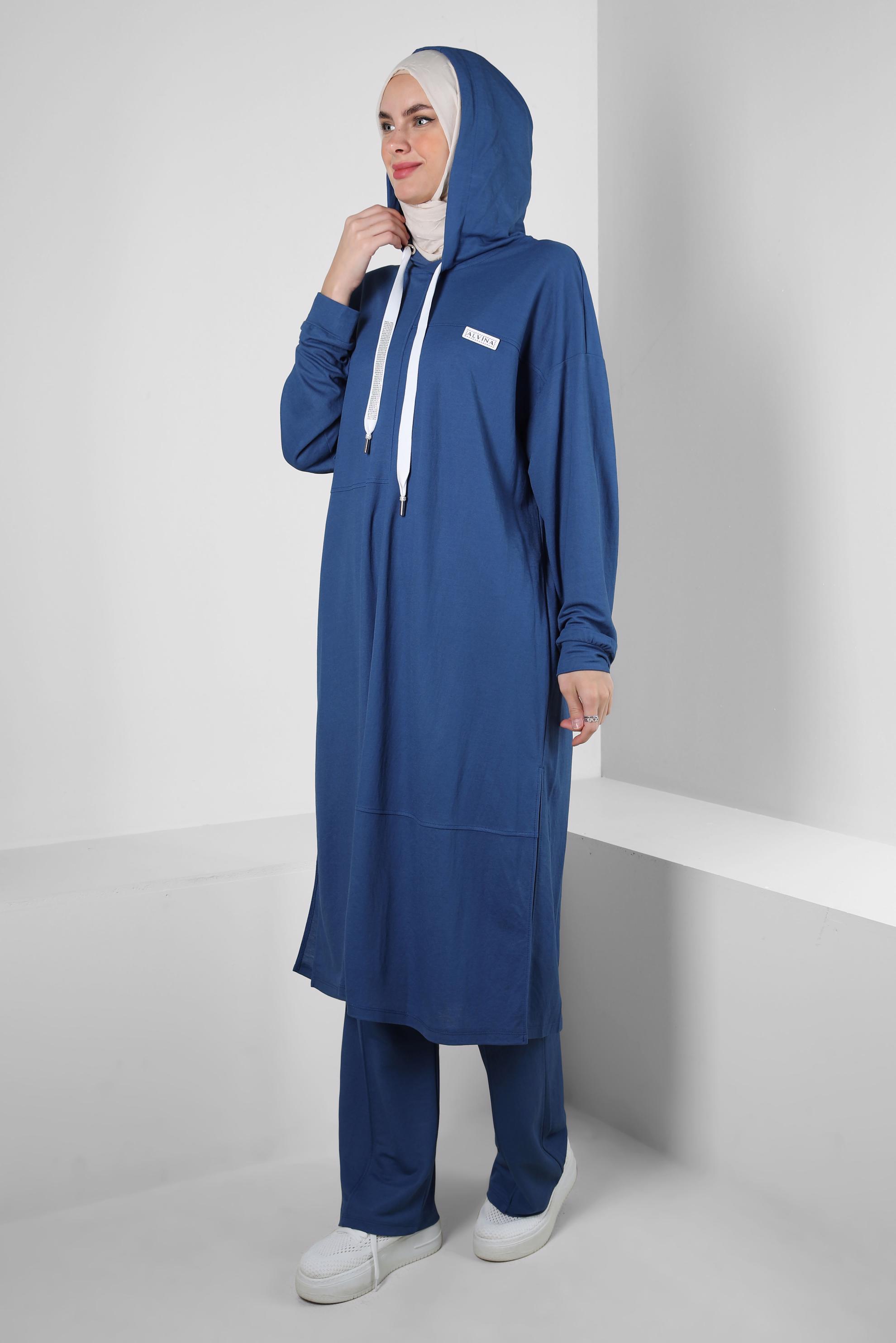 Tesettür giyim MAVİ KAPÜŞONLU BELİ LASTİKLİ İKİLİ EŞOFMAN TAKIM 43662