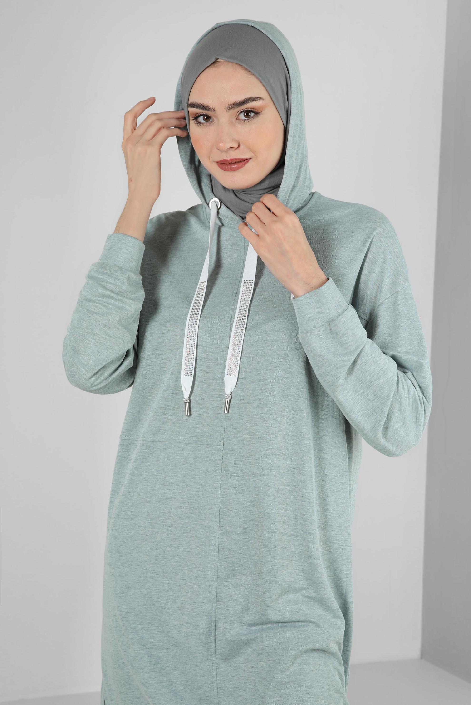 Tesettür giyim YEŞİL KAPÜŞONLU BELİ LASTİKLİ İKİLİ EŞOFMAN TAKIM 43662