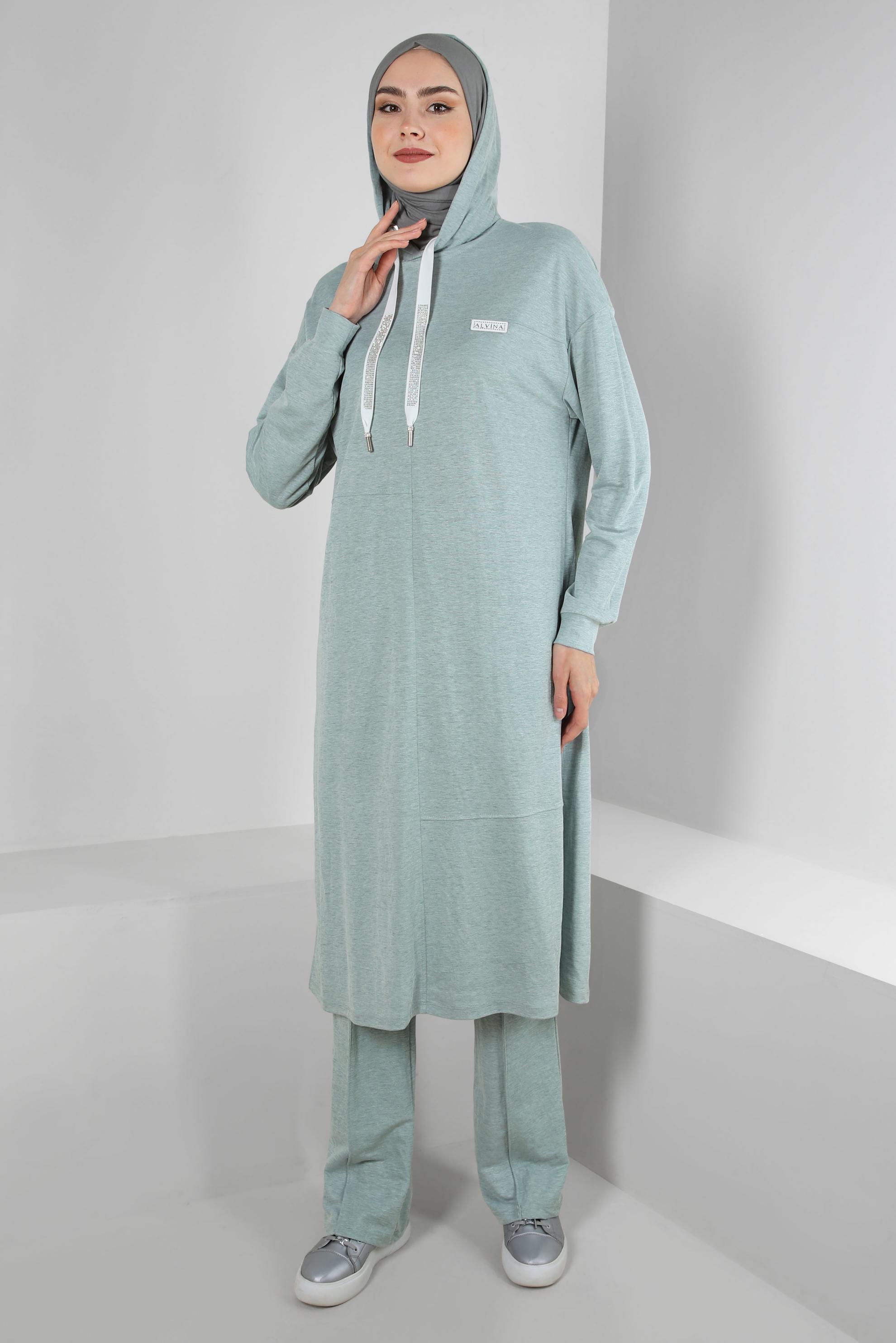 Tesettür giyim YEŞİL KAPÜŞONLU BELİ LASTİKLİ İKİLİ EŞOFMAN TAKIM 43662