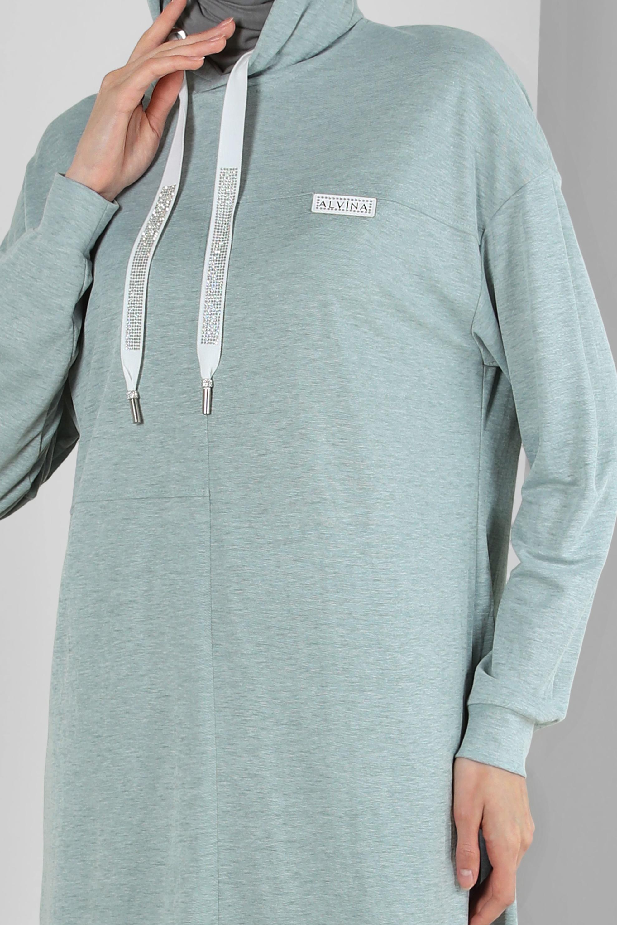 Tesettür giyim YEŞİL KAPÜŞONLU BELİ LASTİKLİ İKİLİ EŞOFMAN TAKIM 43662