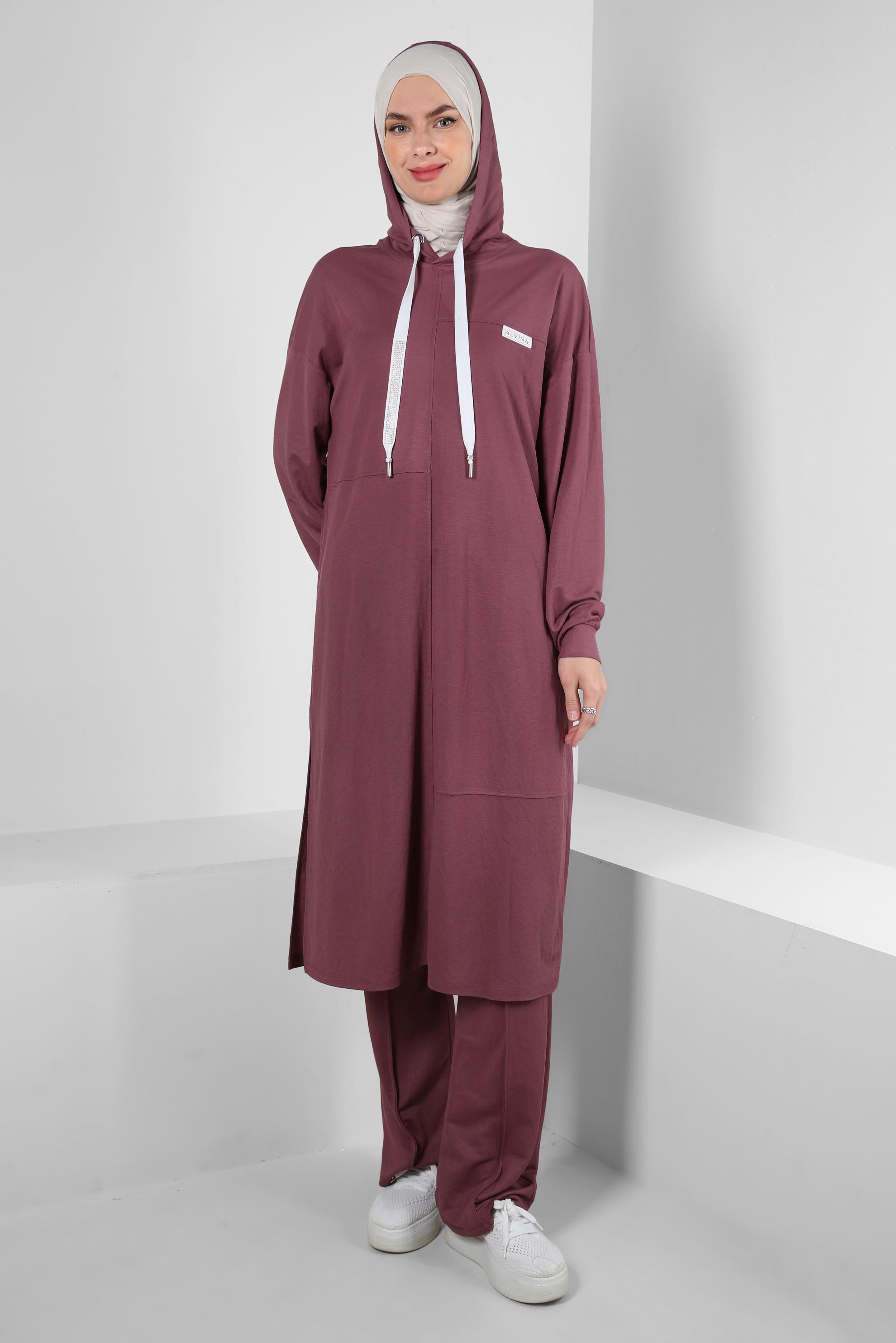 Tesettür giyim PEMBE KAPÜŞONLU BELİ LASTİKLİ İKİLİ EŞOFMAN TAKIM 43662