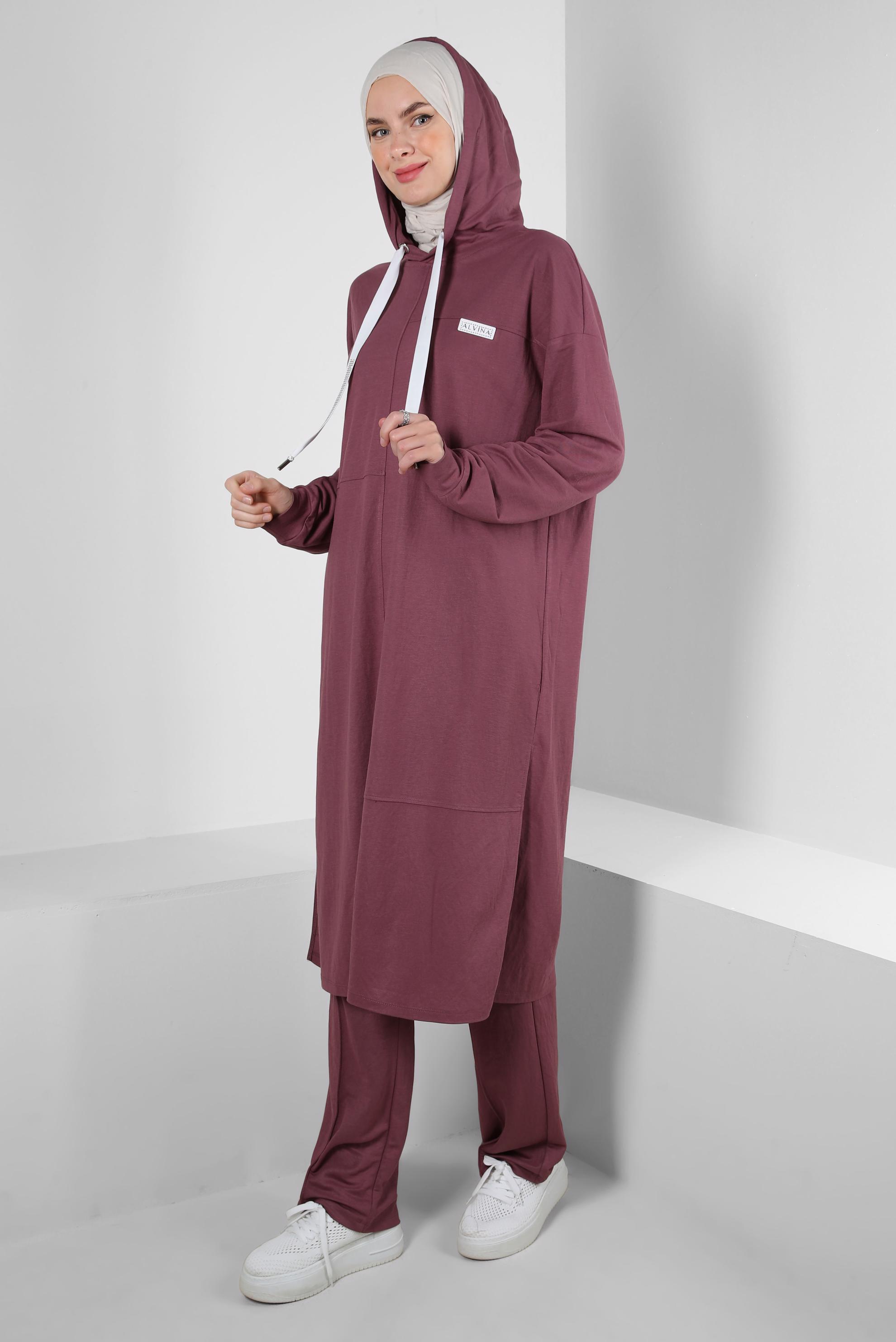 Tesettür giyim PEMBE KAPÜŞONLU BELİ LASTİKLİ İKİLİ EŞOFMAN TAKIM 43662