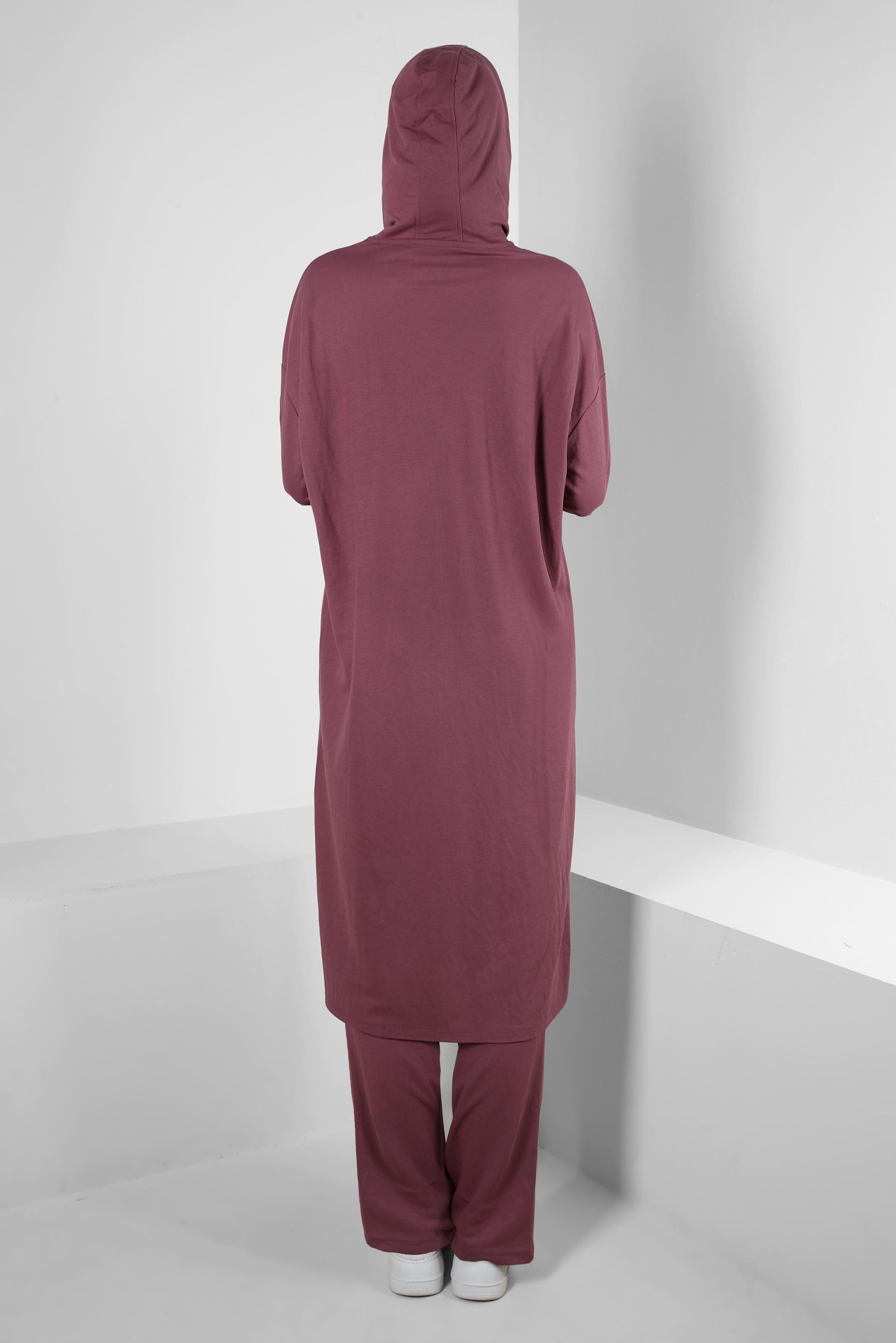 Tesettür giyim PEMBE KAPÜŞONLU BELİ LASTİKLİ İKİLİ EŞOFMAN TAKIM 43662
