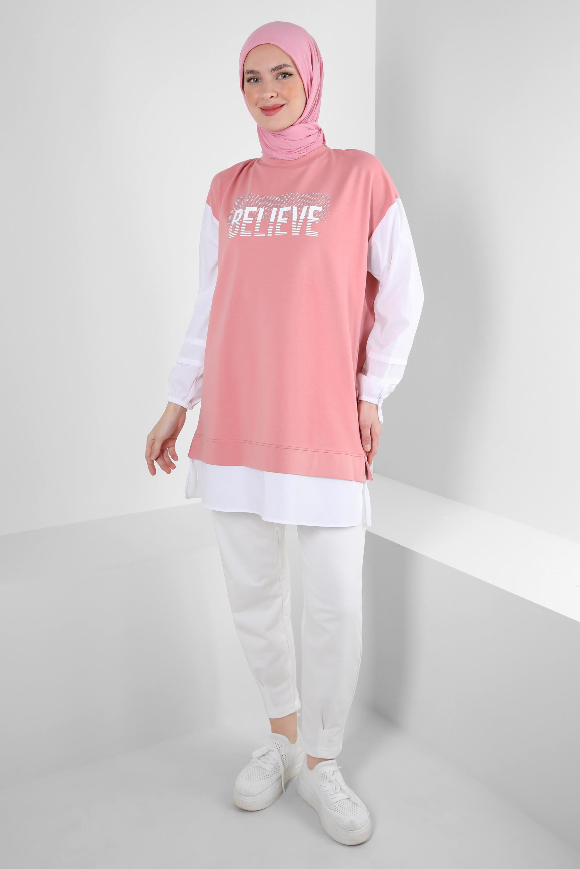 Tesettür giyim PEMBE YAZI BASKILI GARNİLİ EŞOFMAN TUNİK 43664