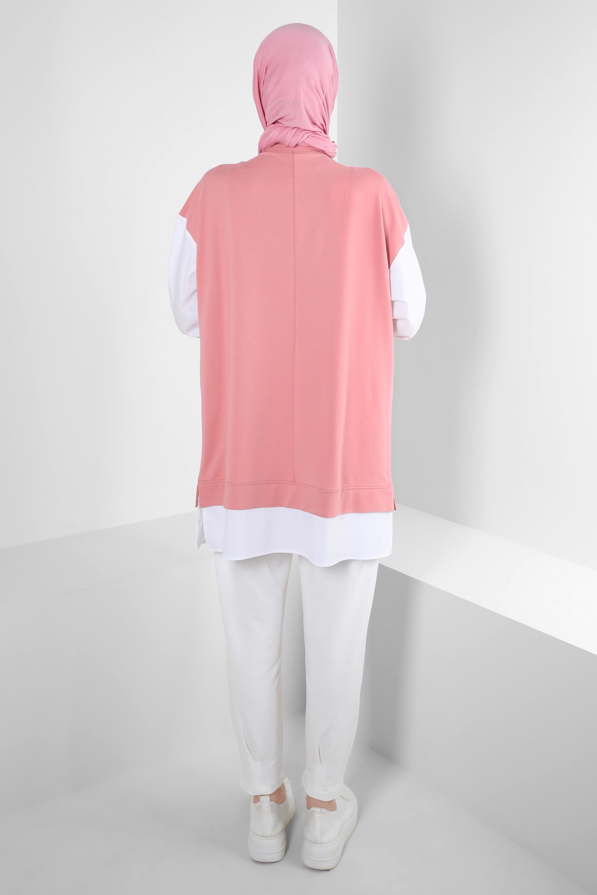 Tesettür giyim PEMBE YAZI BASKILI GARNİLİ EŞOFMAN TUNİK 43664