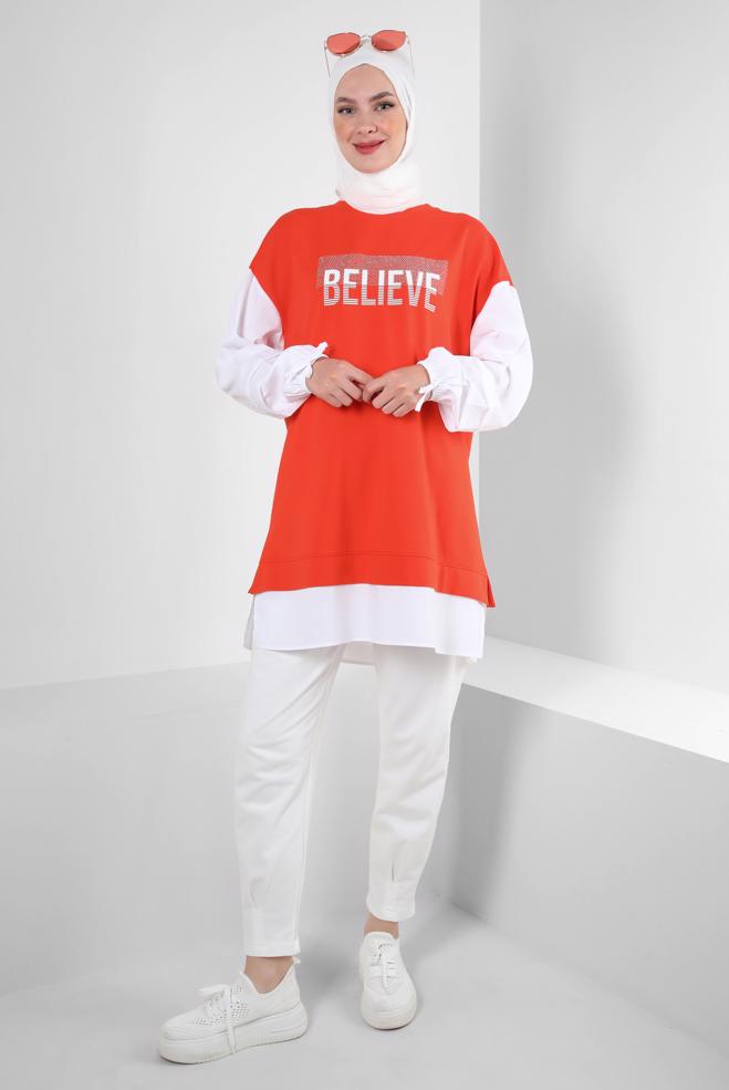 Tesettür giyim  YAZI BASKILI GARNİLİ EŞOFMAN TUNİK 43664 - ALVİNA