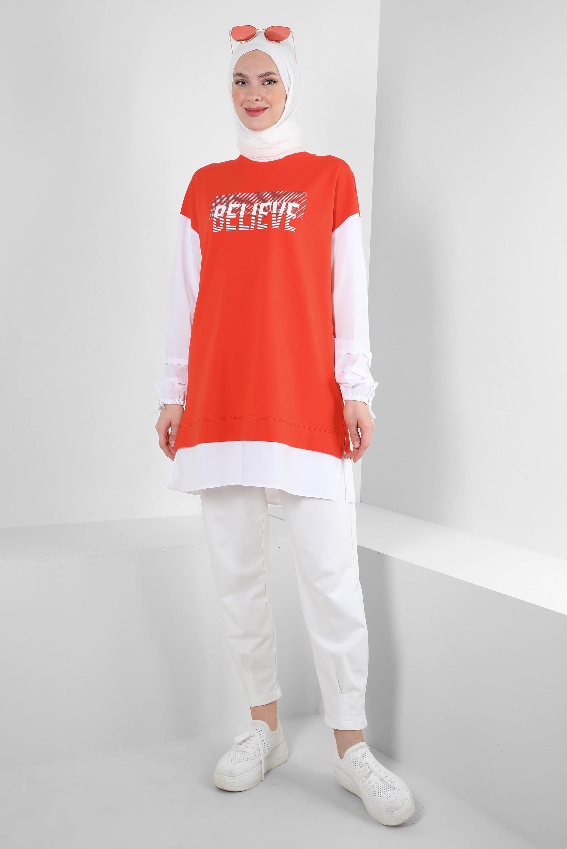 Tesettür giyim KIRMIZI YAZI BASKILI GARNİLİ EŞOFMAN TUNİK 43664