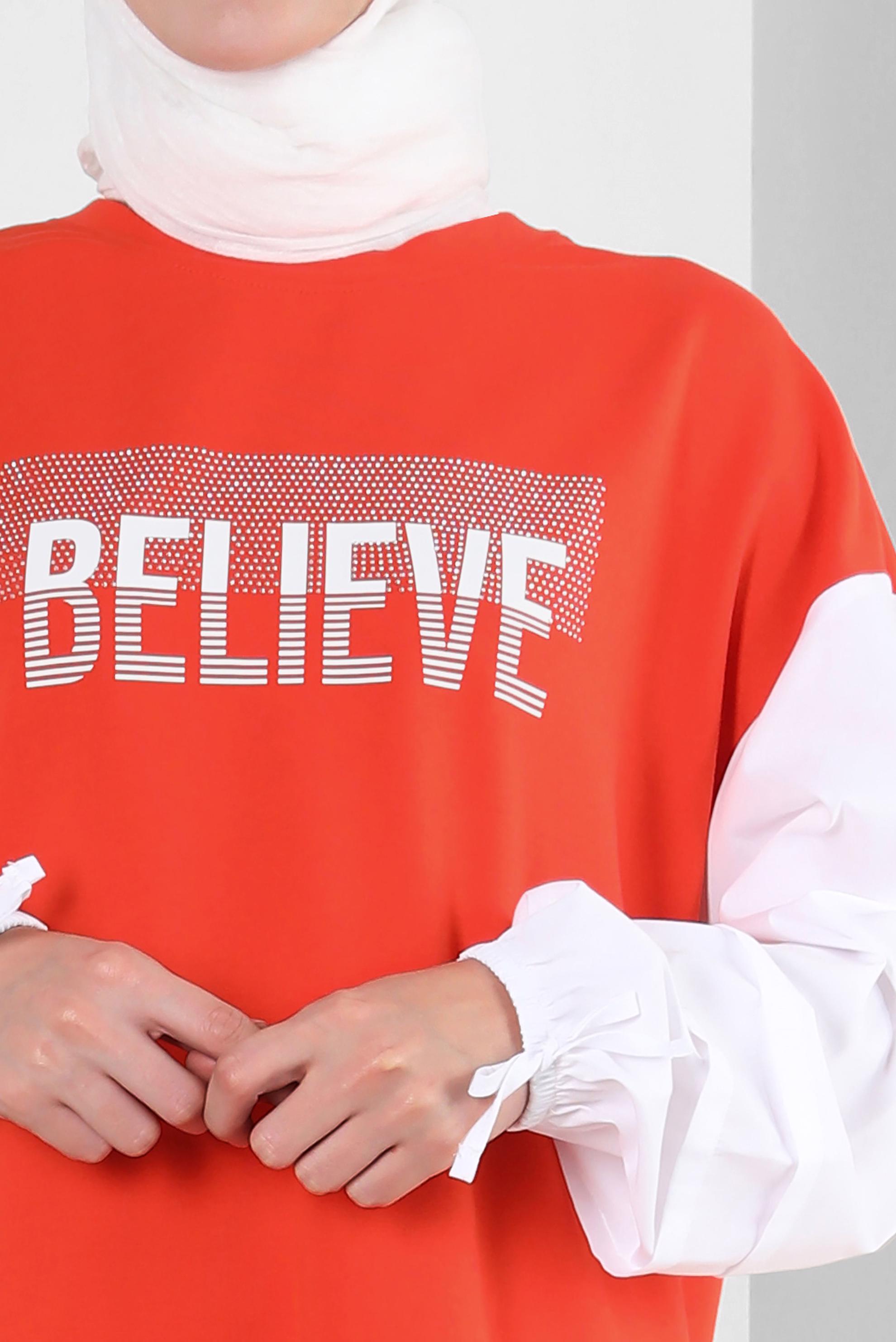 Tesettür giyim KIRMIZI YAZI BASKILI GARNİLİ EŞOFMAN TUNİK 43664