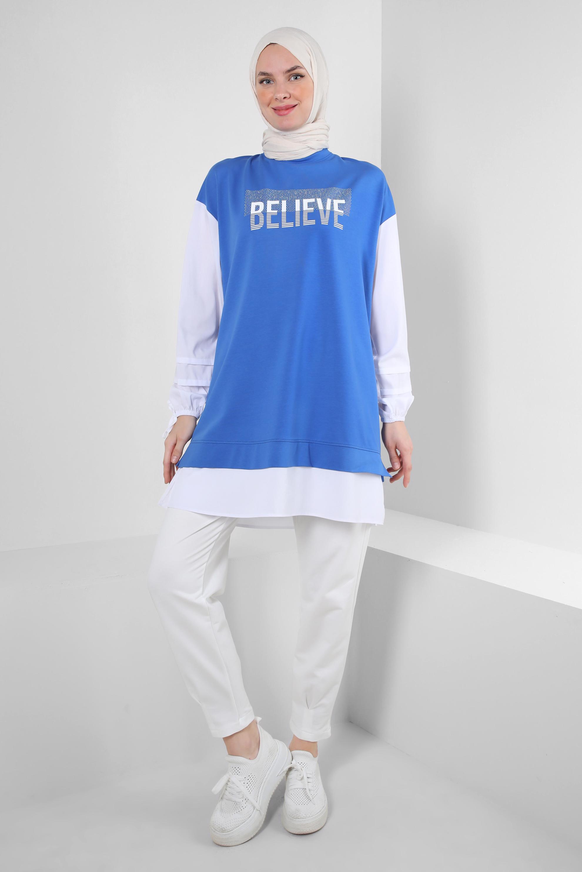 Tesettür giyim MAVİ YAZI BASKILI GARNİLİ EŞOFMAN TUNİK 43664