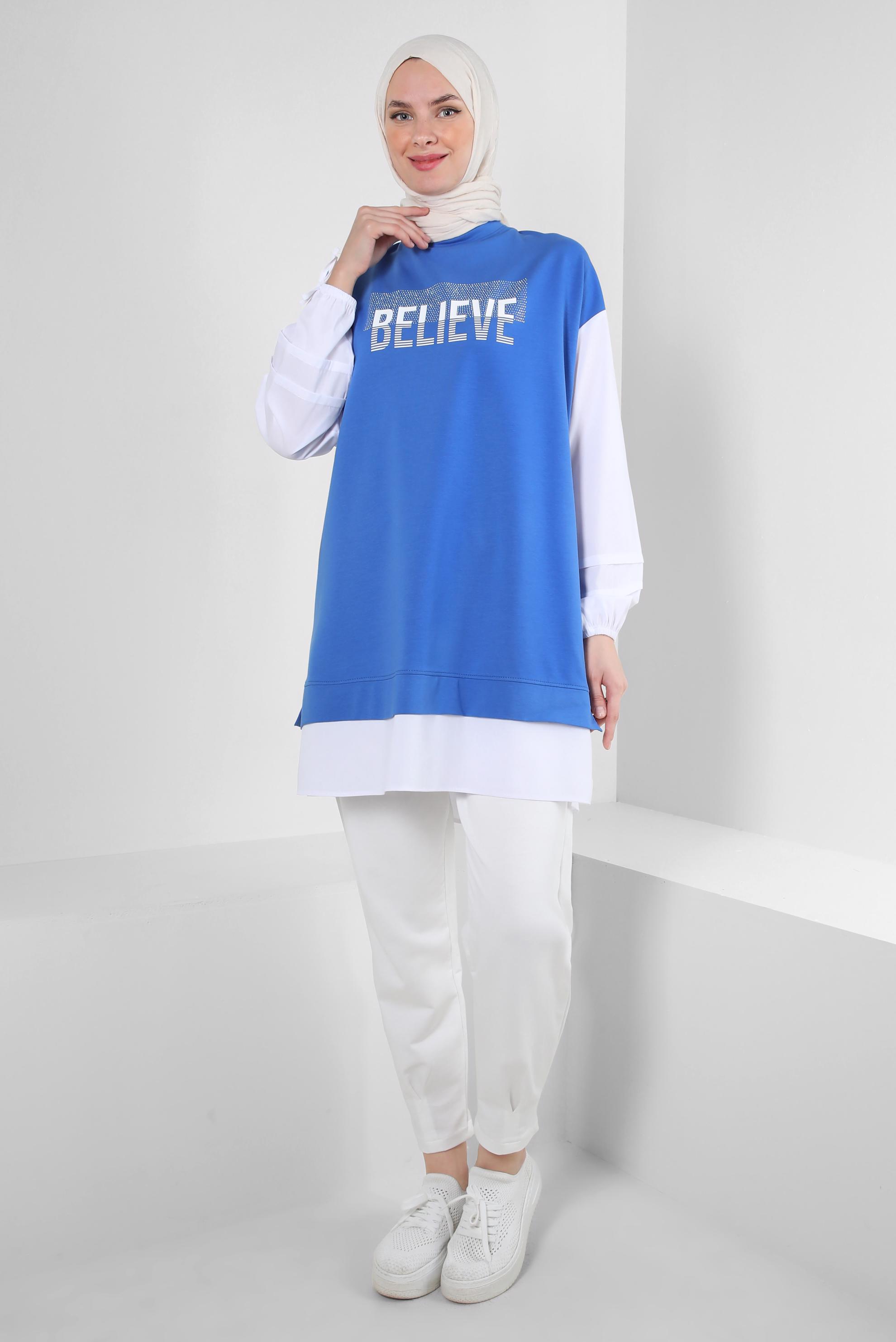 Tesettür giyim MAVİ YAZI BASKILI GARNİLİ EŞOFMAN TUNİK 43664