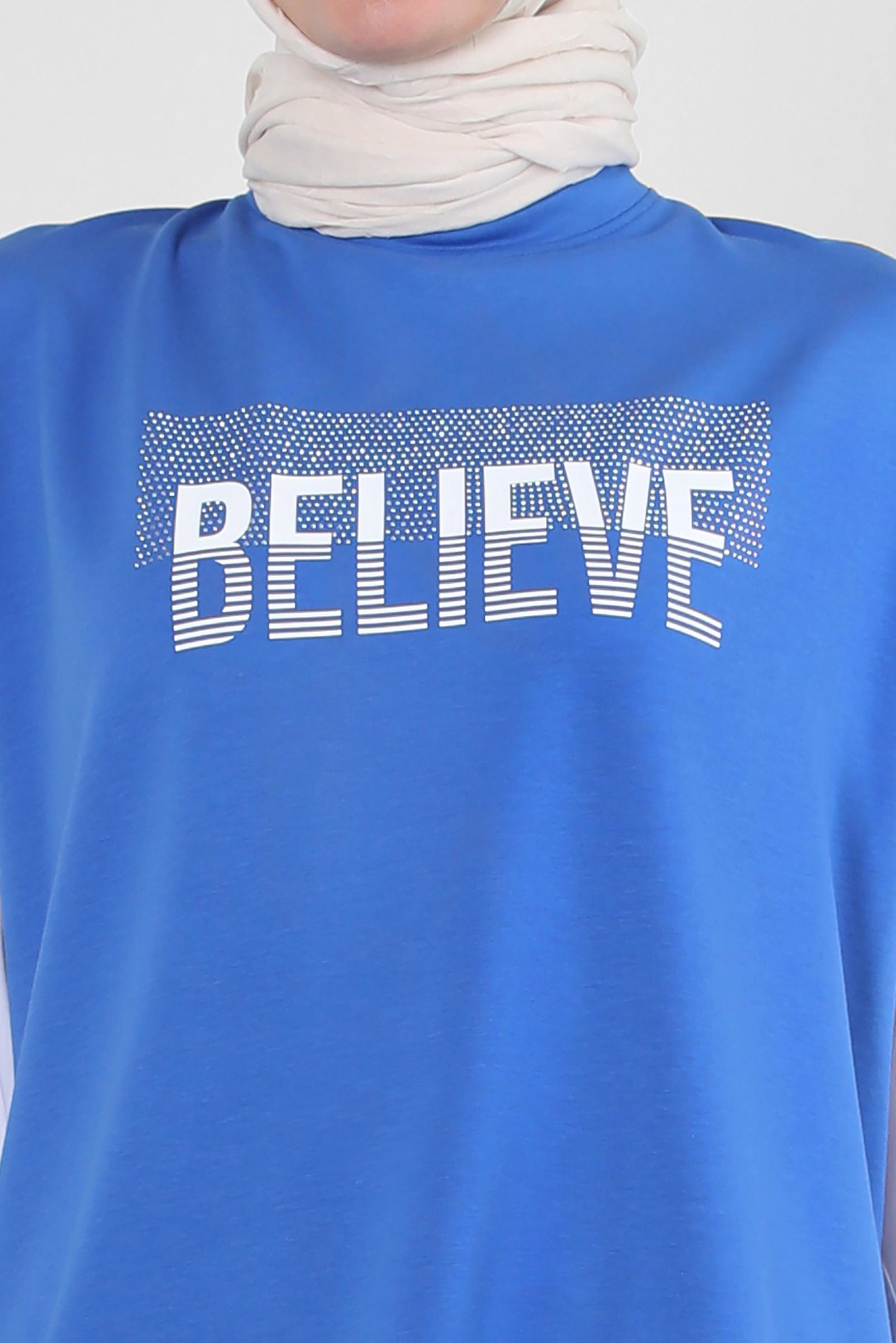 Tesettür giyim MAVİ YAZI BASKILI GARNİLİ EŞOFMAN TUNİK 43664