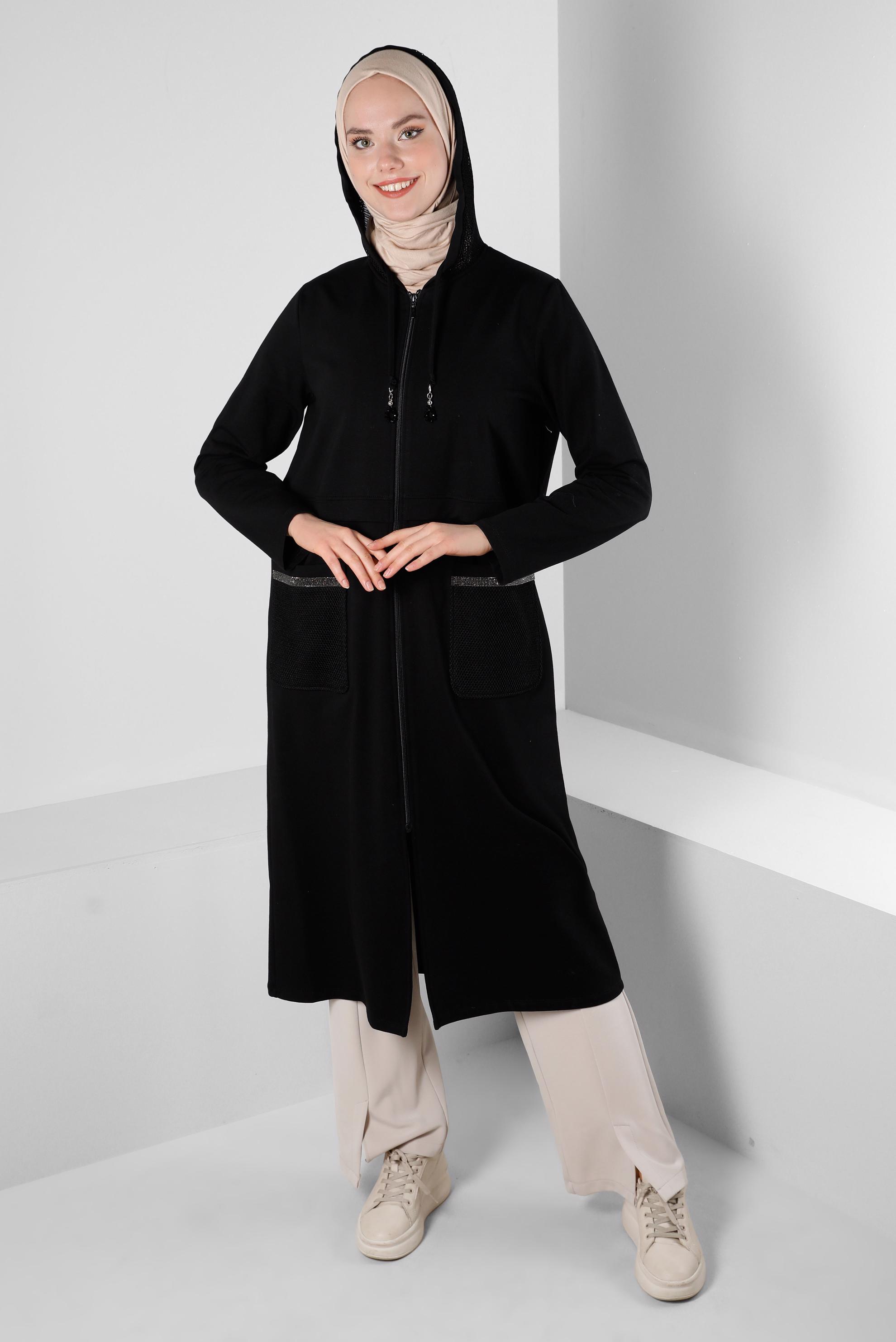 Tesettür giyim SİYAH KAPÜŞONLU CEP DETAYLI EŞOFMAN TUNİK 43665