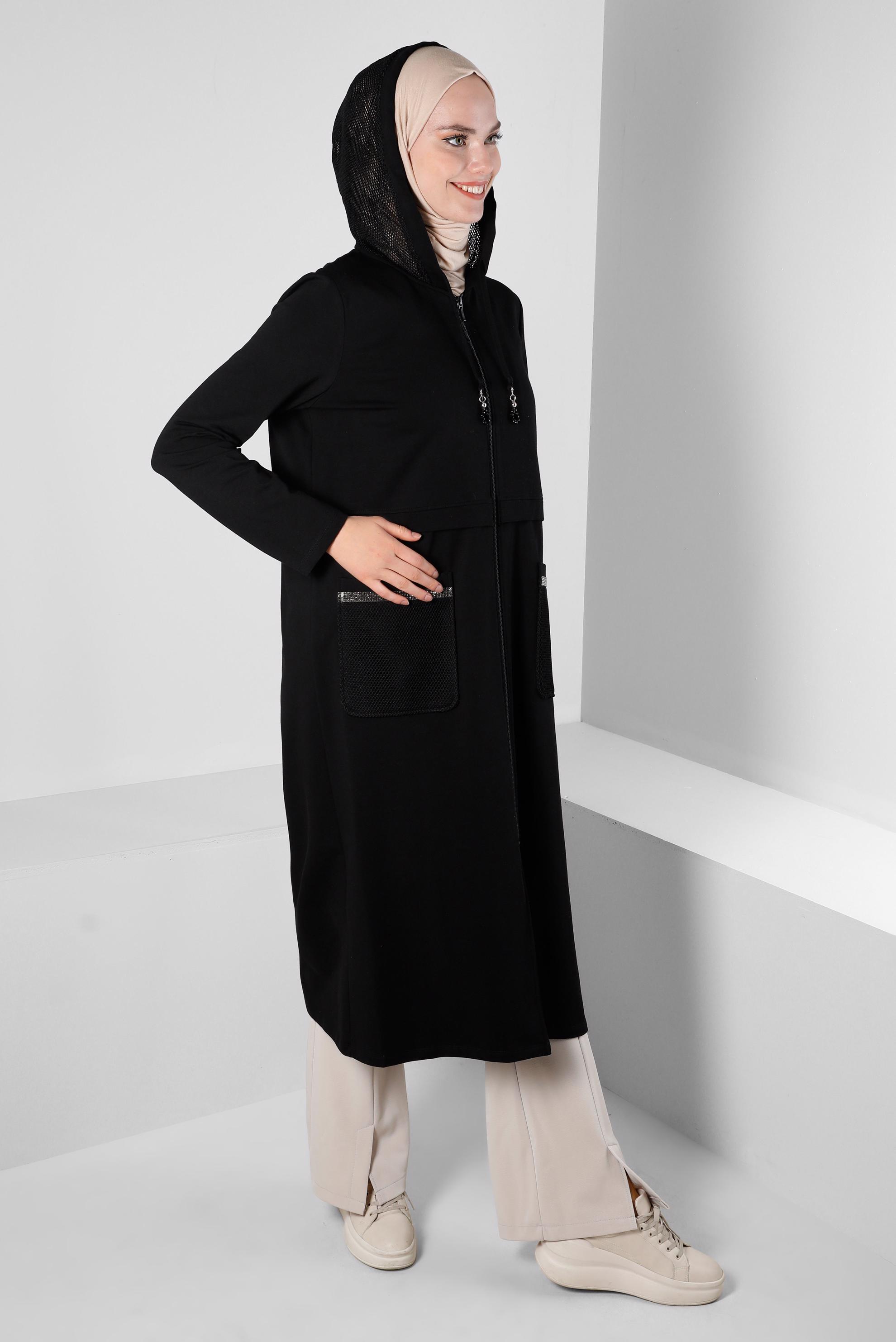 Tesettür giyim SİYAH KAPÜŞONLU CEP DETAYLI EŞOFMAN TUNİK 43665