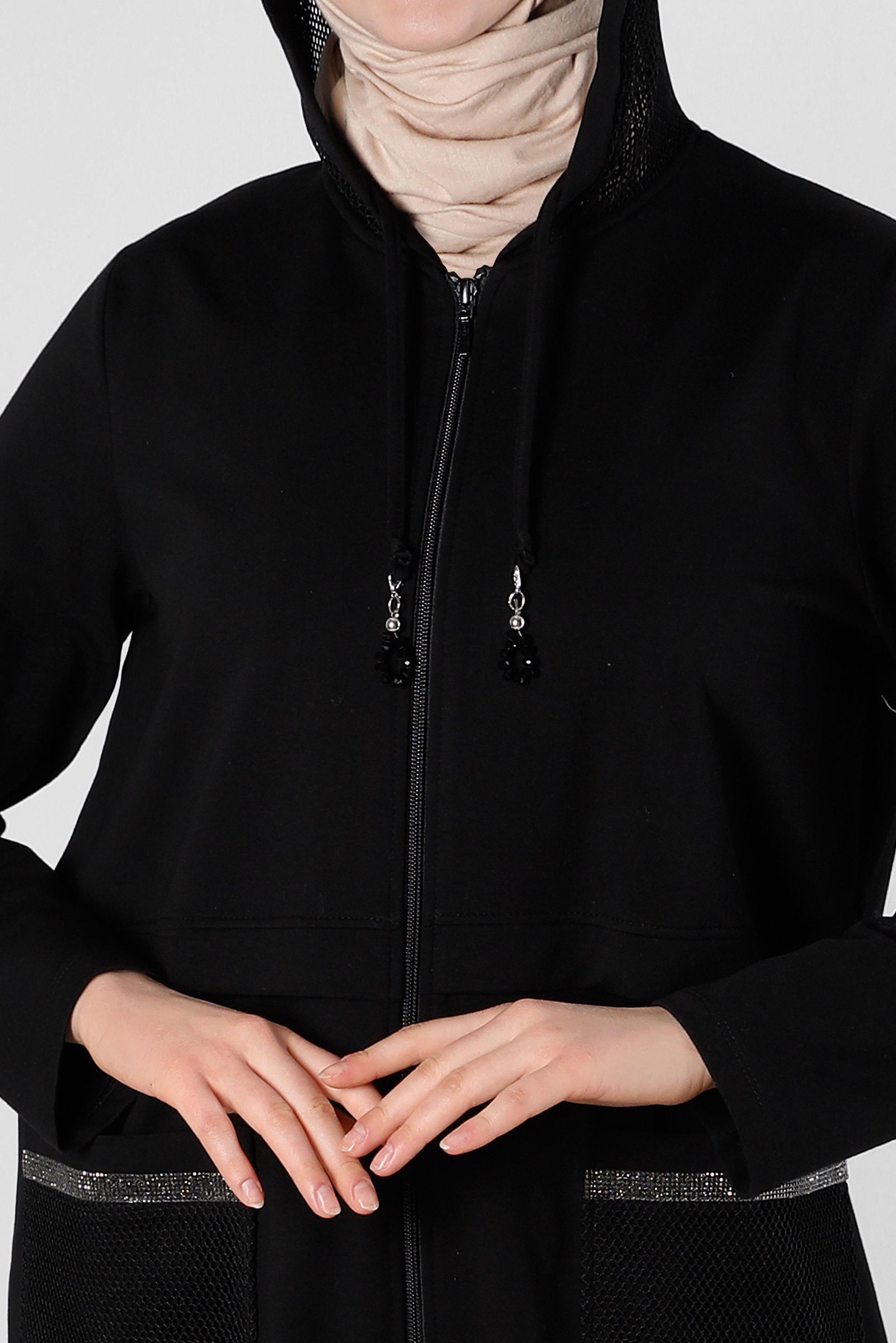 Tesettür giyim SİYAH KAPÜŞONLU CEP DETAYLI EŞOFMAN TUNİK 43665