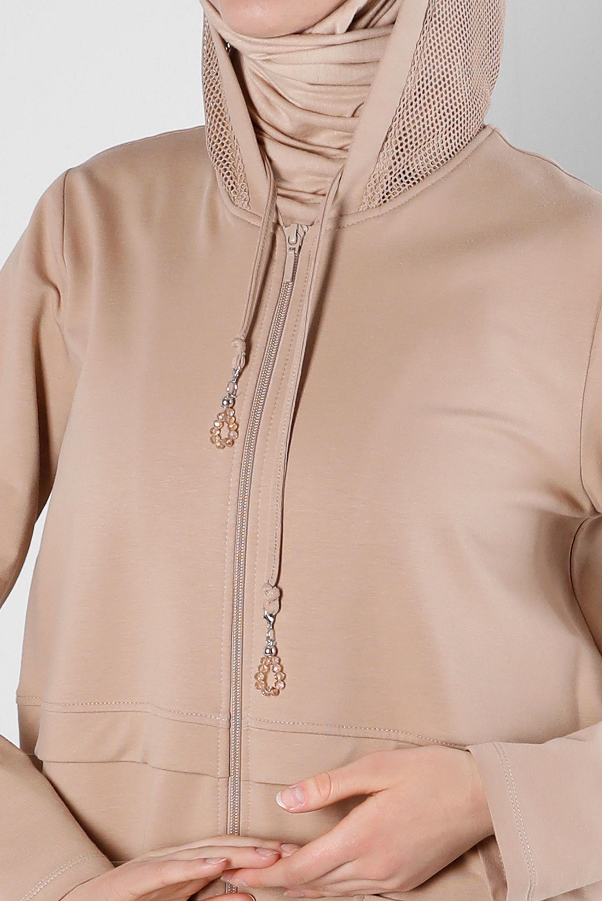 Tesettür giyim BEJ KAPÜŞONLU CEP DETAYLI EŞOFMAN TUNİK 43665