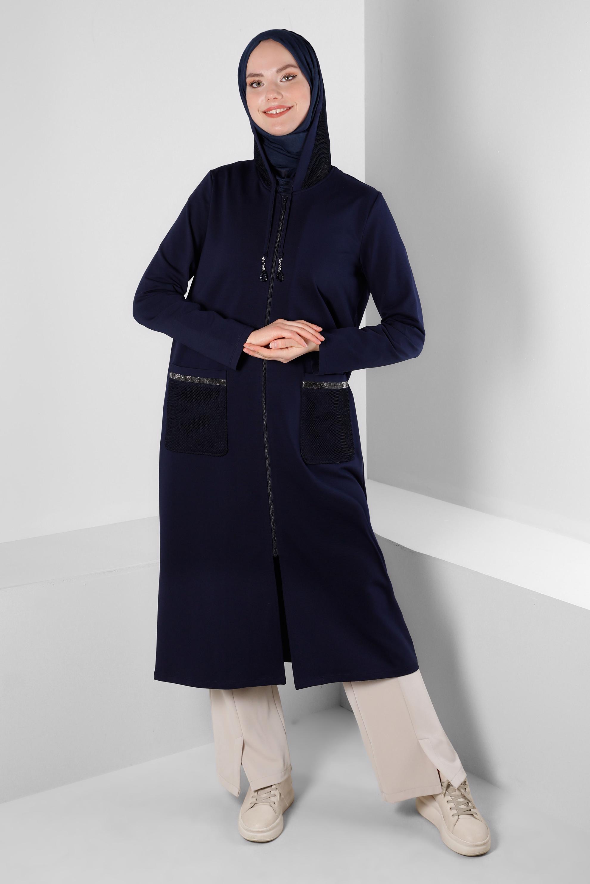 Tesettür giyim LACİVERT KAPÜŞONLU CEP DETAYLI EŞOFMAN TUNİK 43665