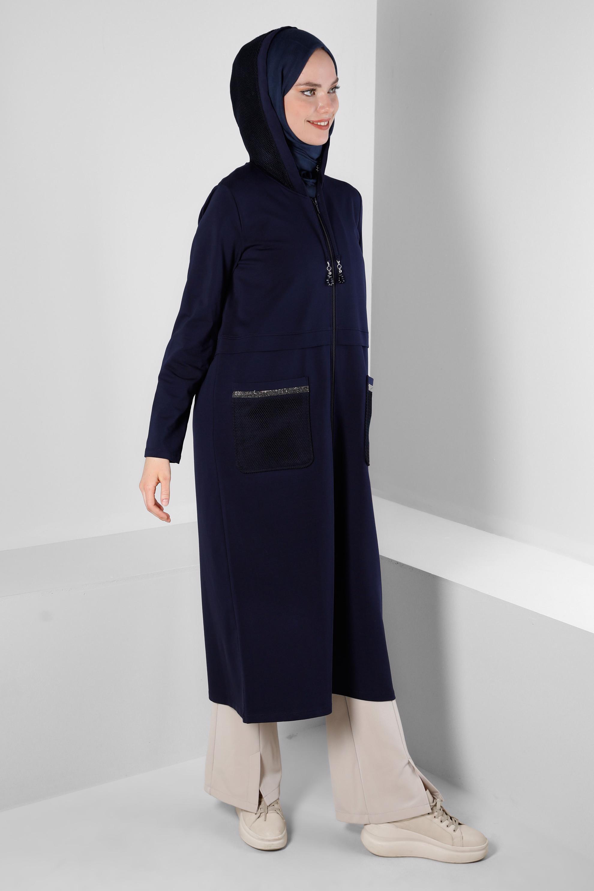 Tesettür giyim LACİVERT KAPÜŞONLU CEP DETAYLI EŞOFMAN TUNİK 43665