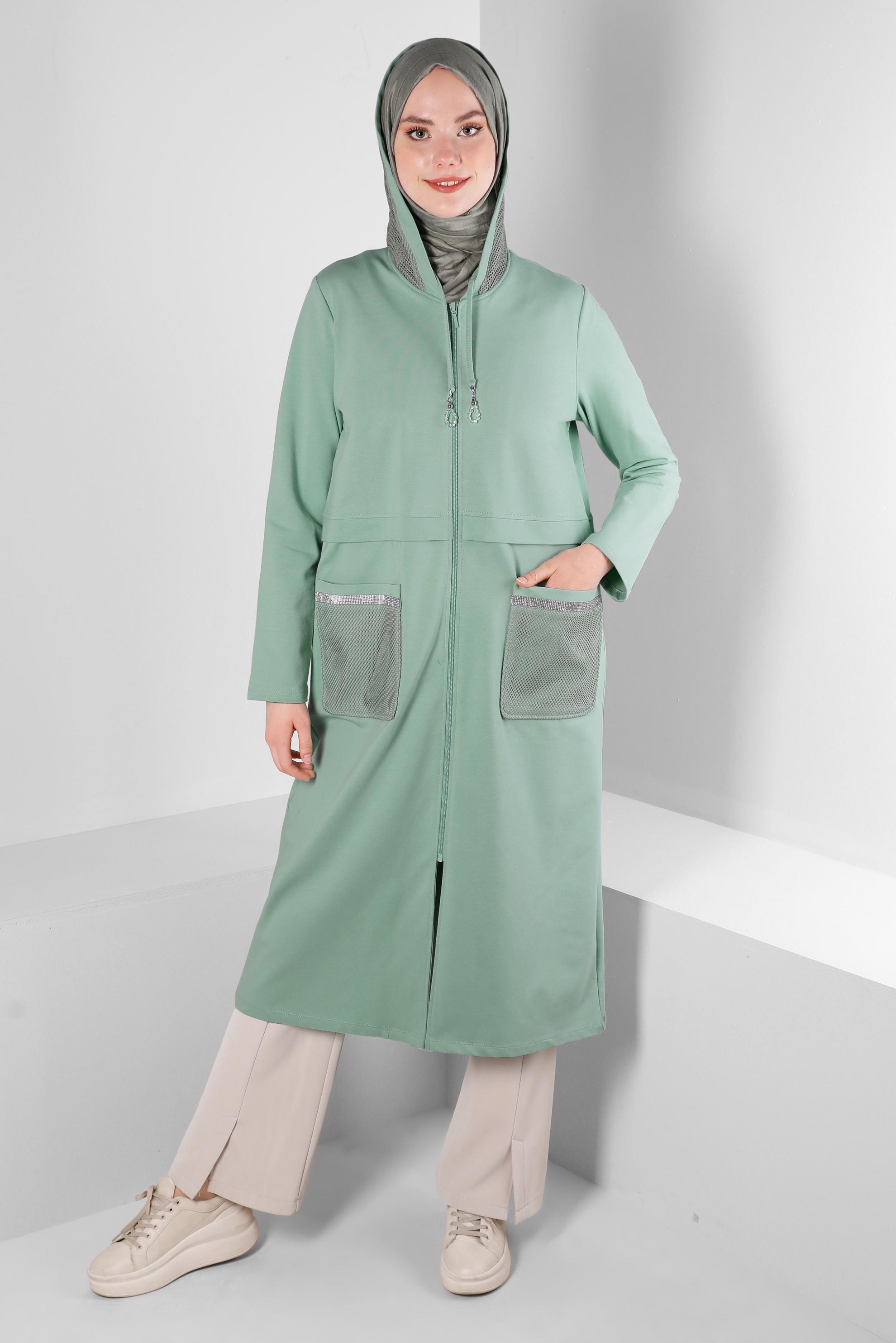 Tesettür giyim YEŞİL KAPÜŞONLU CEP DETAYLI EŞOFMAN TUNİK 43665