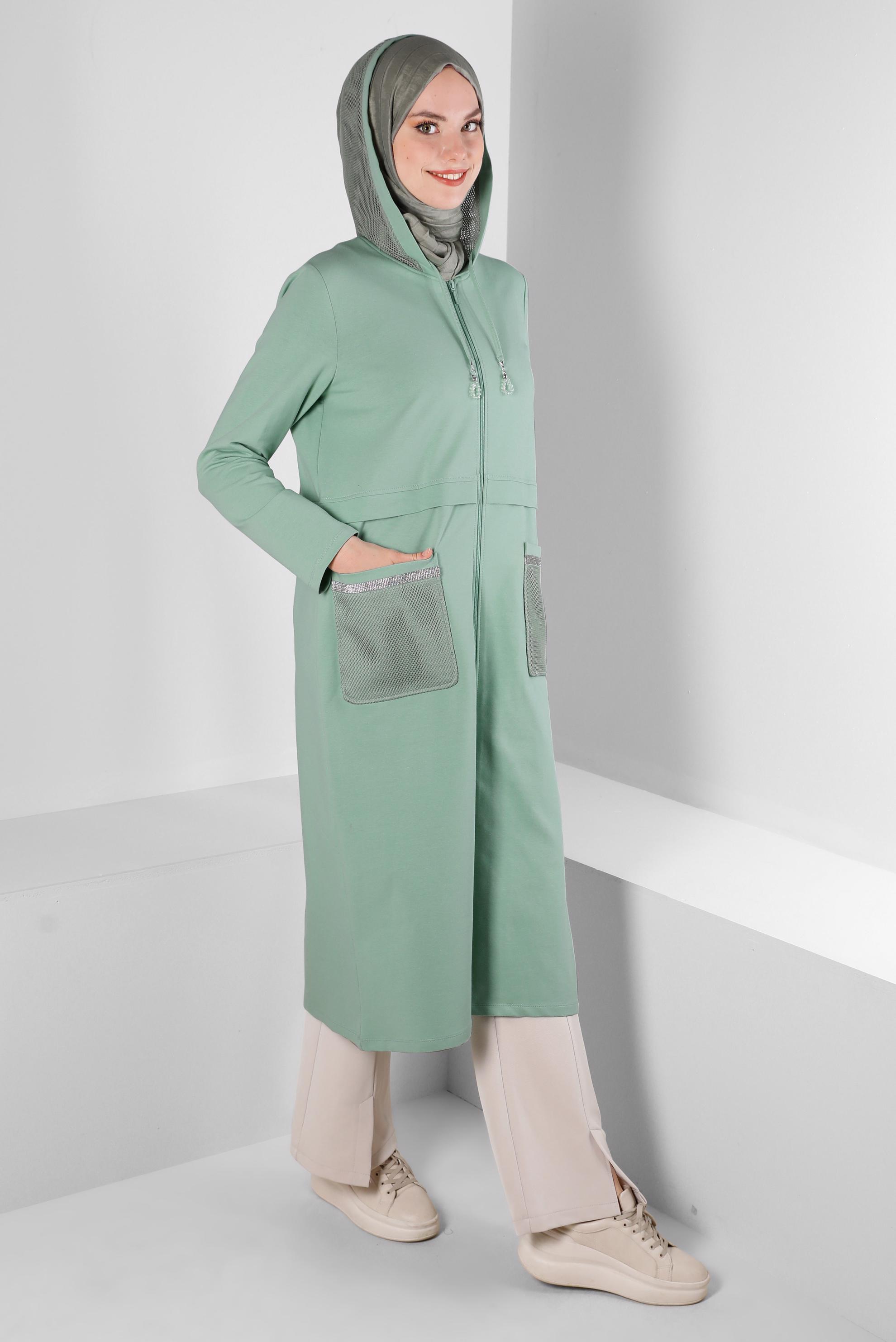 Tesettür giyim YEŞİL KAPÜŞONLU CEP DETAYLI EŞOFMAN TUNİK 43665