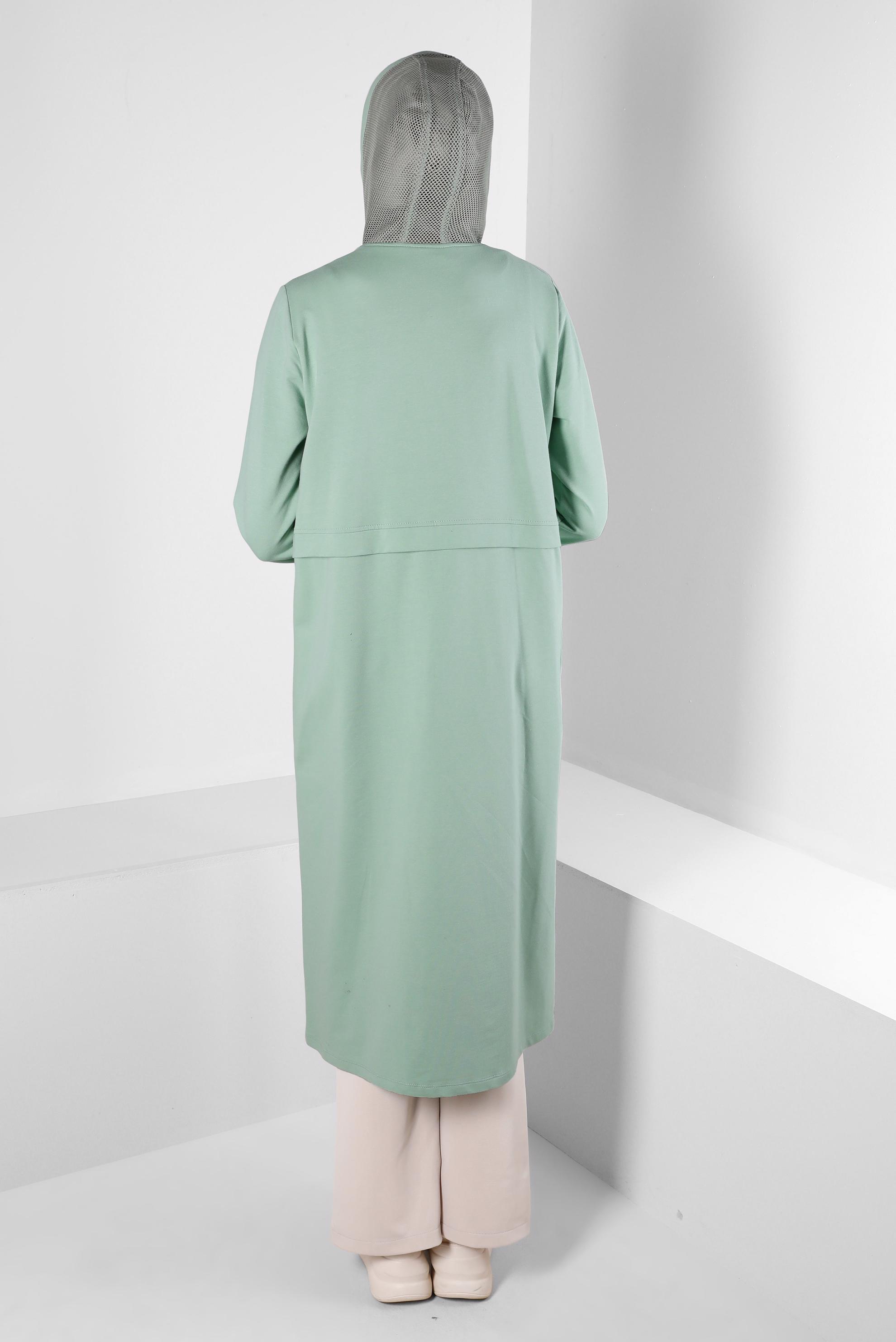 Tesettür giyim YEŞİL KAPÜŞONLU CEP DETAYLI EŞOFMAN TUNİK 43665