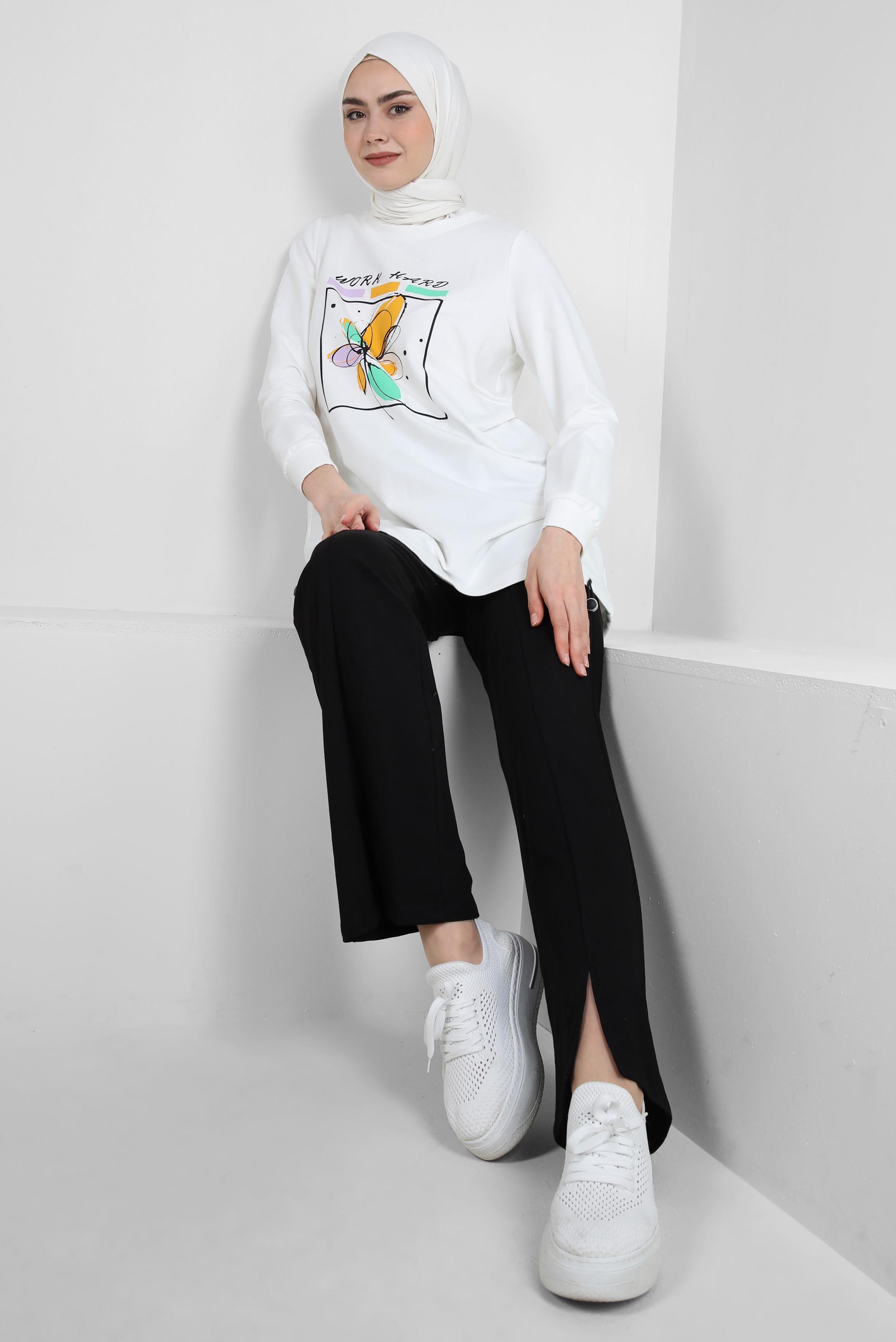 Tesettür giyim SİYAH BASKILI PAÇASI YIRTMAÇLI İKİLİ EŞOFMAN TAKIMI 43690