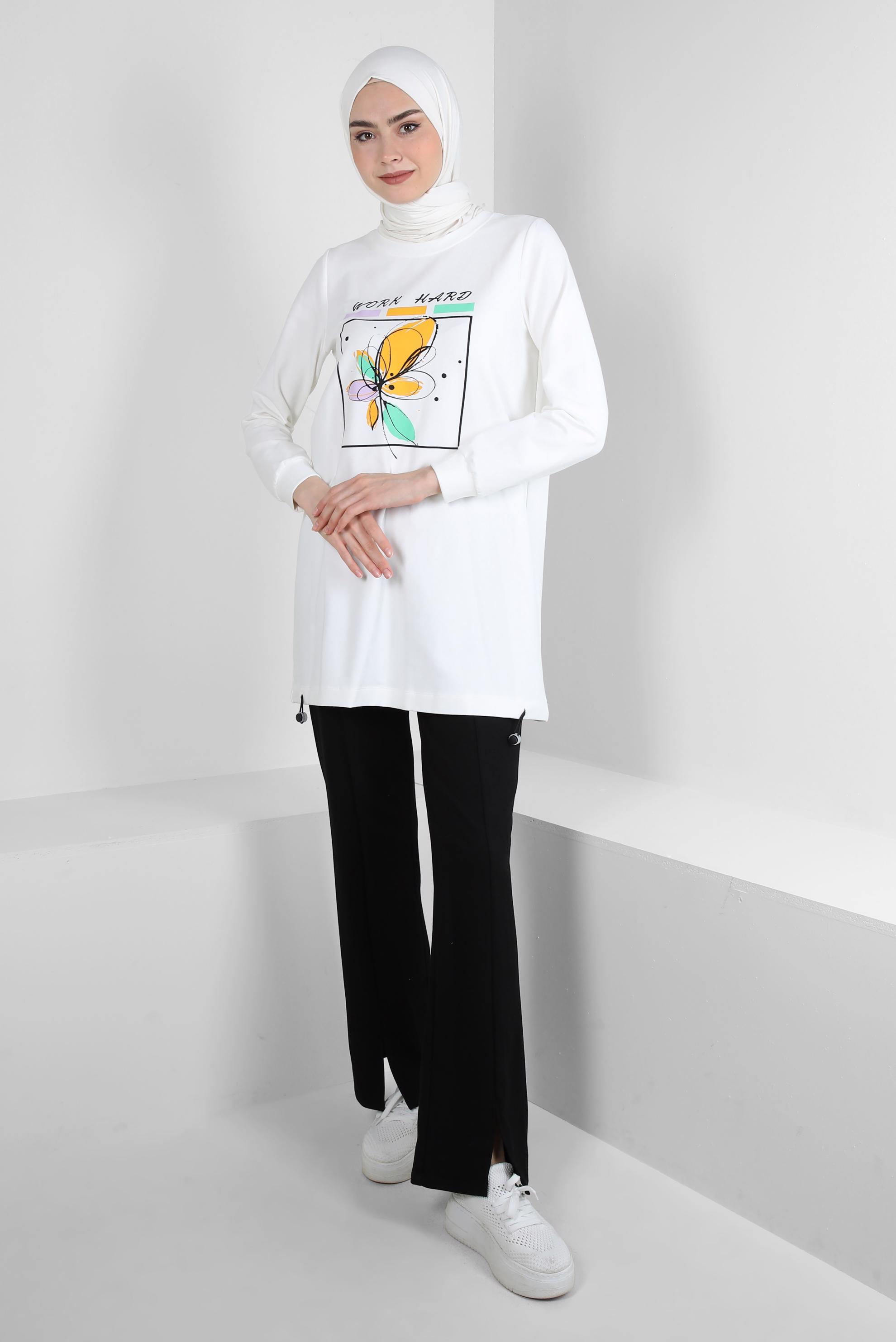 Tesettür giyim SİYAH BASKILI PAÇASI YIRTMAÇLI İKİLİ EŞOFMAN TAKIMI 43690