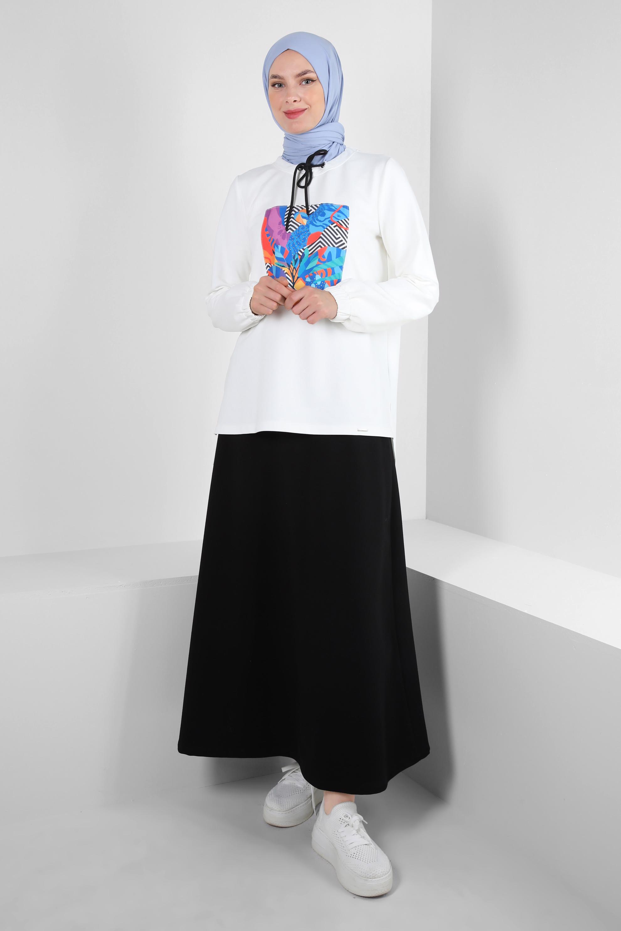 Vêtements hijab NOIR ENSEMBLE DE SURVÊTEMENT TAILLE ÉLASTIQUE IMPRIMÉ AVEC JUPE 43691