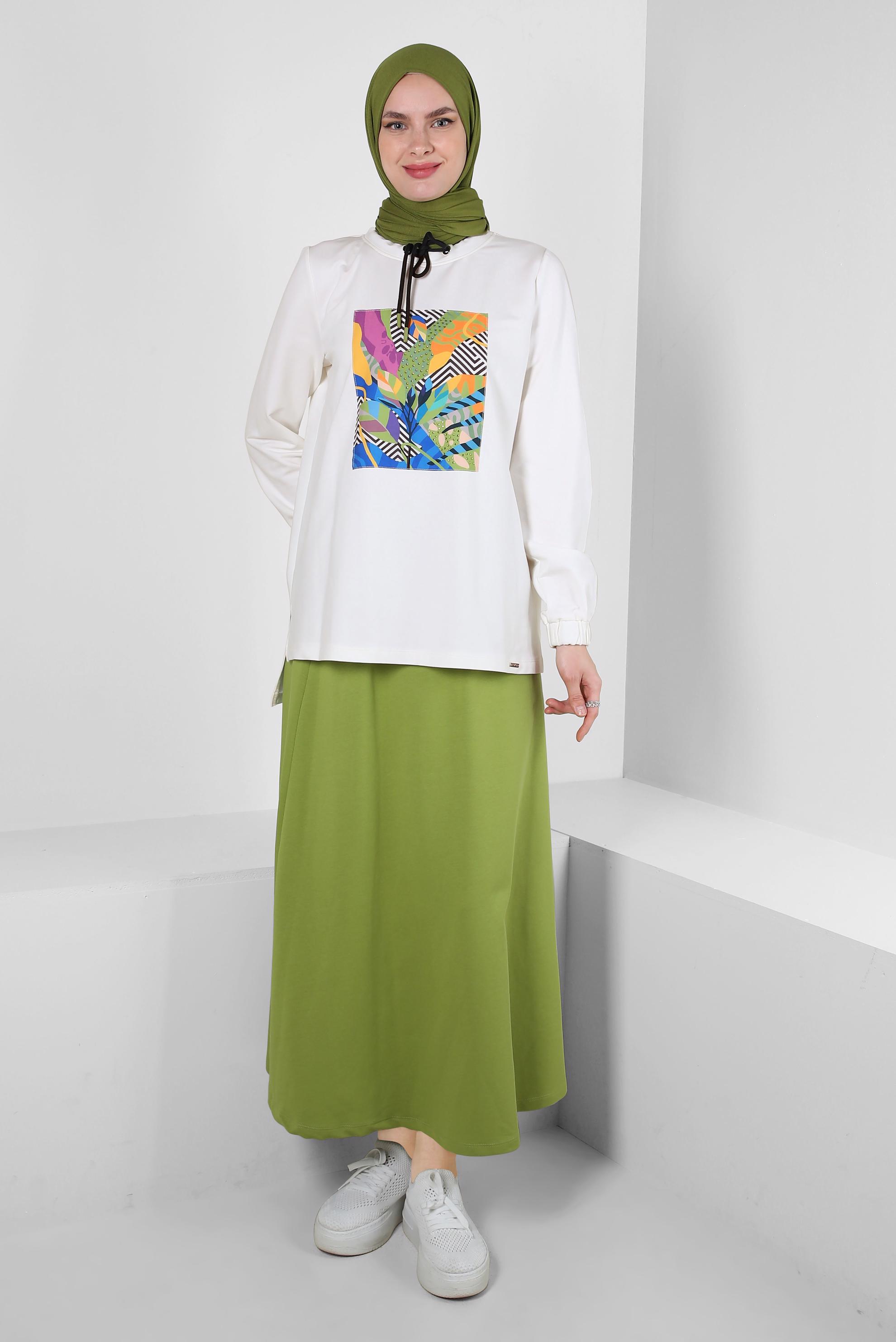 Vêtements hijab VERT ENSEMBLE DE SURVÊTEMENT TAILLE ÉLASTIQUE IMPRIMÉ AVEC JUPE 43691