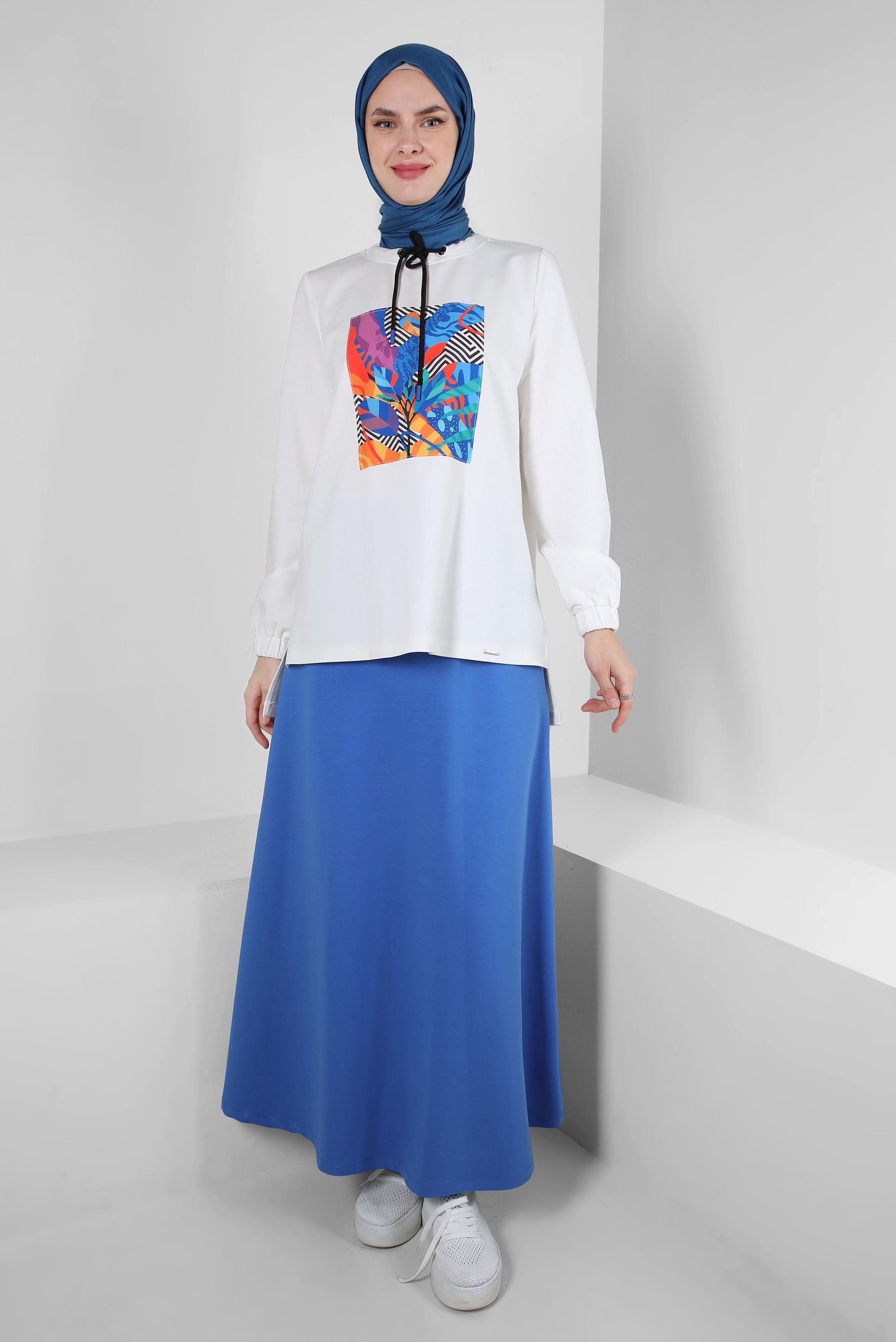 Vêtements hijab BLEU ENSEMBLE DE SURVÊTEMENT TAILLE ÉLASTIQUE IMPRIMÉ AVEC JUPE 43691