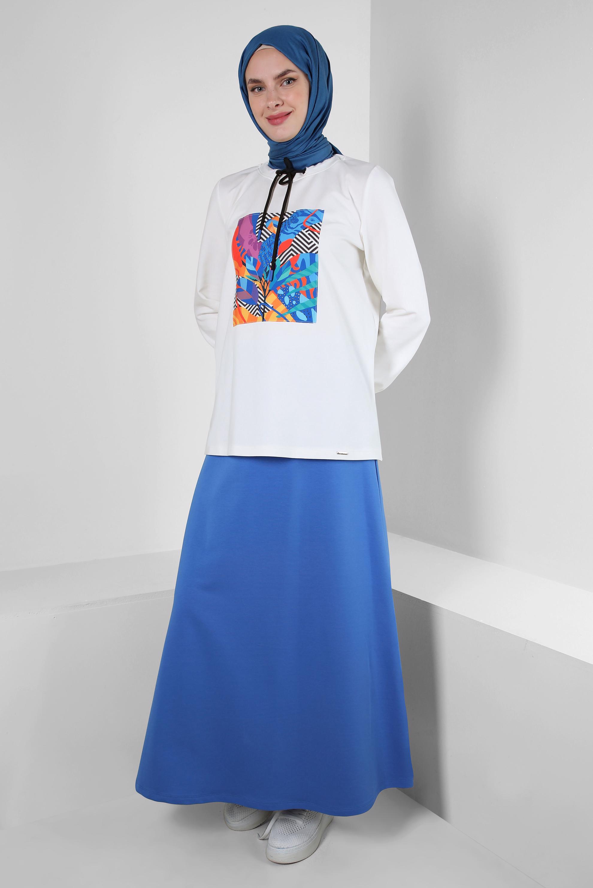 Vêtements hijab BLEU ENSEMBLE DE SURVÊTEMENT TAILLE ÉLASTIQUE IMPRIMÉ AVEC JUPE 43691