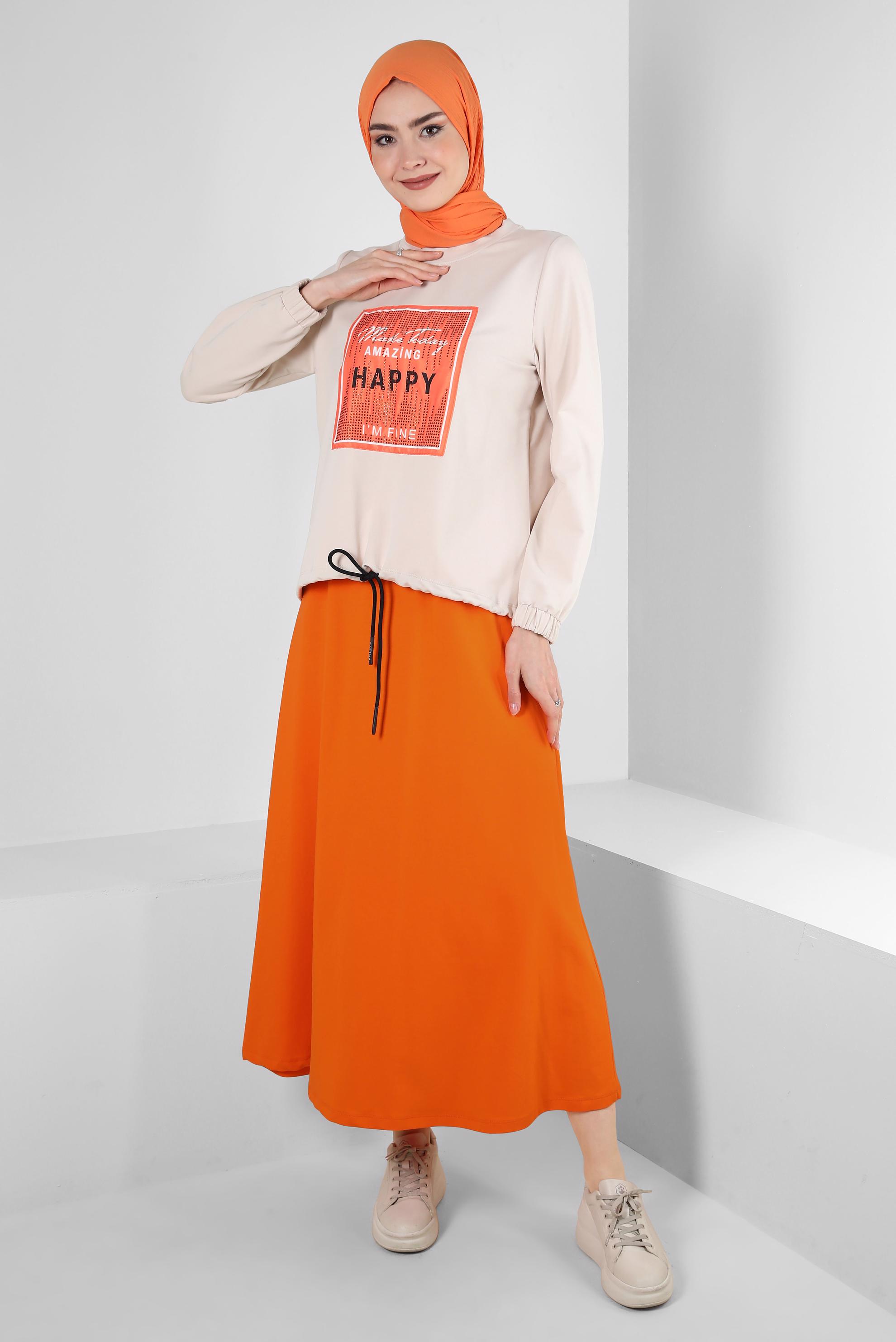 Vêtements hijab ORANGE SURVÊTEMENT IMPRIMÉ AVEC JUPE 43692