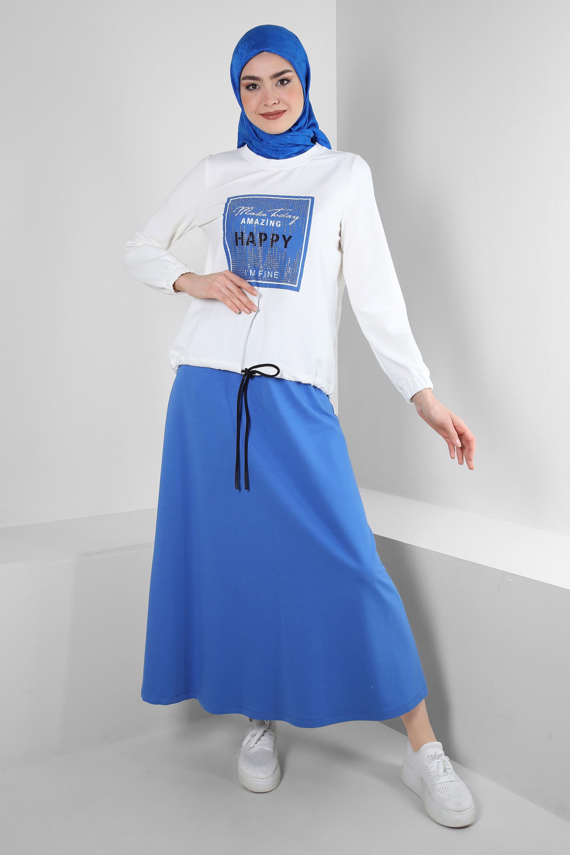 Tesettür giyim MAVİ YAZI VE TAŞ BASKILI ETEKLİ EŞOFMAN TAKIM 43692
