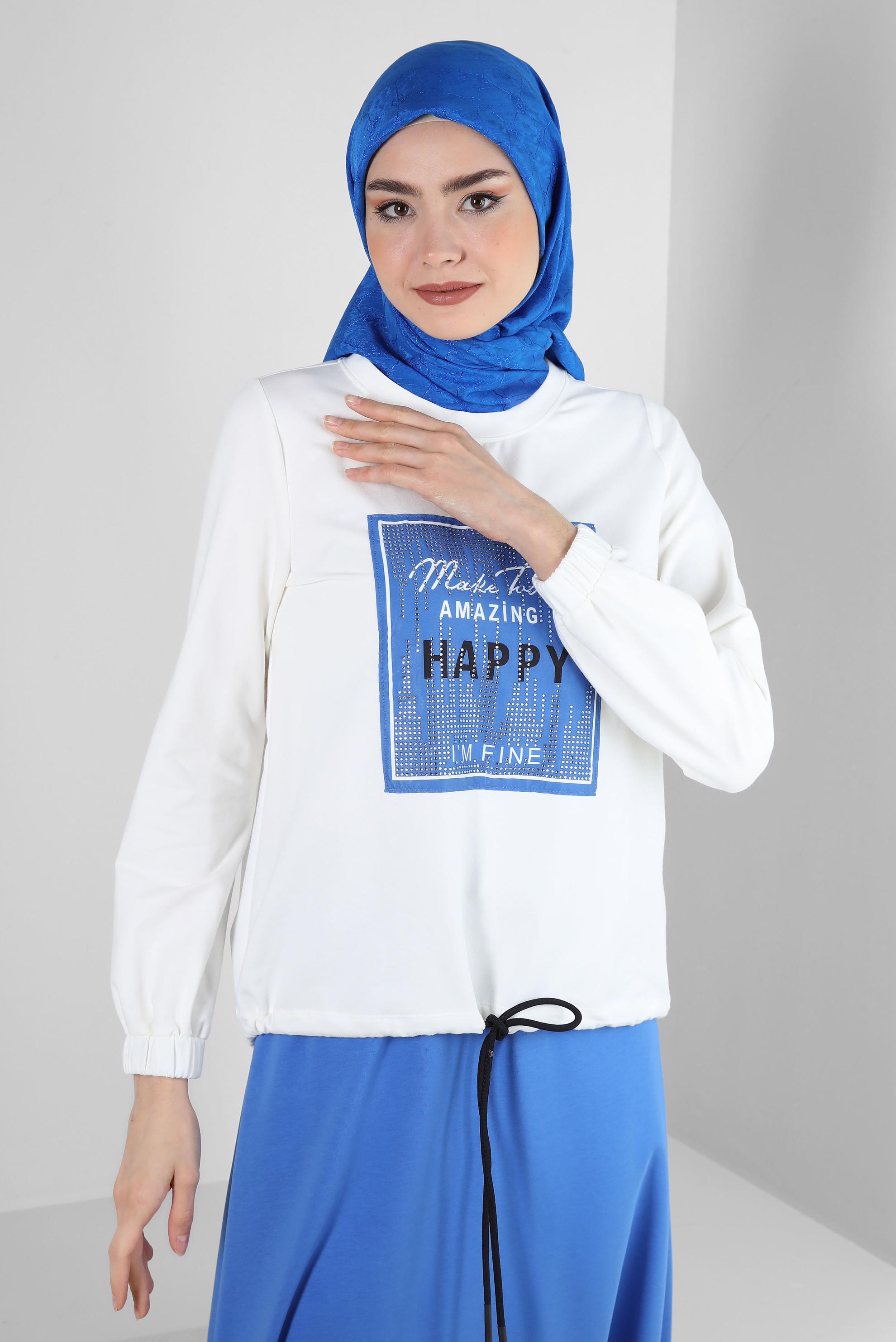 Tesettür giyim MAVİ YAZI VE TAŞ BASKILI ETEKLİ EŞOFMAN TAKIM 43692