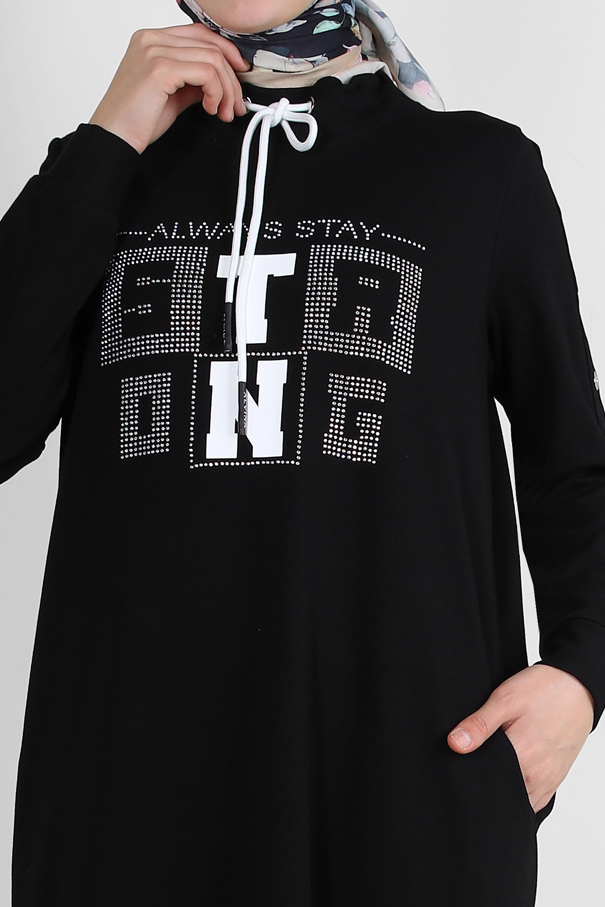 Tesettür giyim SİYAH YAZI BASKILI BAĞCIK DETAYLI EŞOFMAN ELBİSE 43693