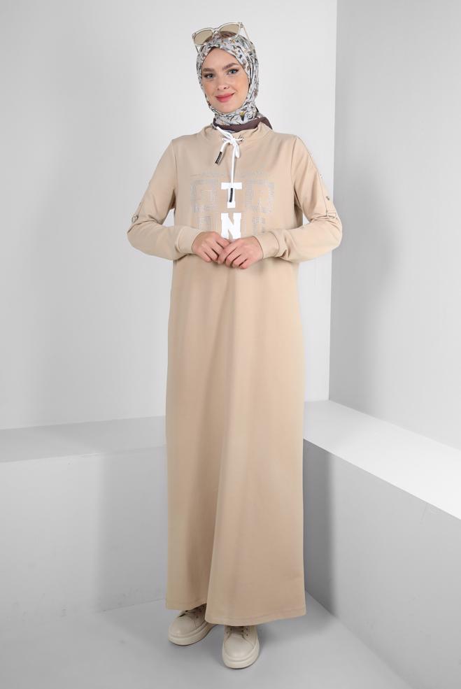 Hijab clothing BEIGE PRINTED TRACKSUIT DRESS WITH TIE DETAIL 43693  - ALVİNA