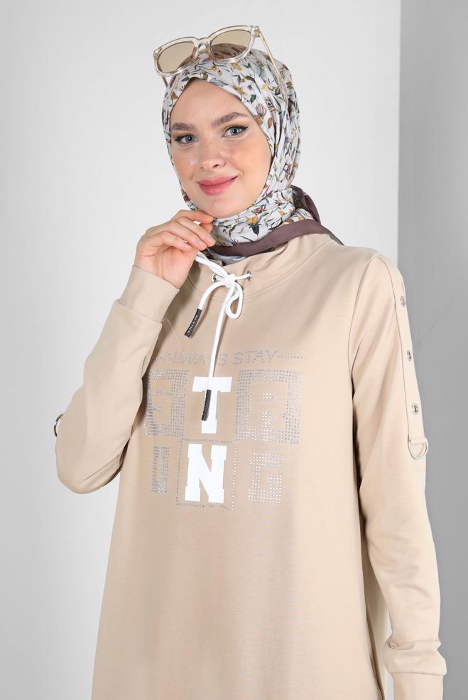 Hijab clothing BEIGE PRINTED TRACKSUIT DRESS WITH TIE DETAIL 43693  - ALVİNA