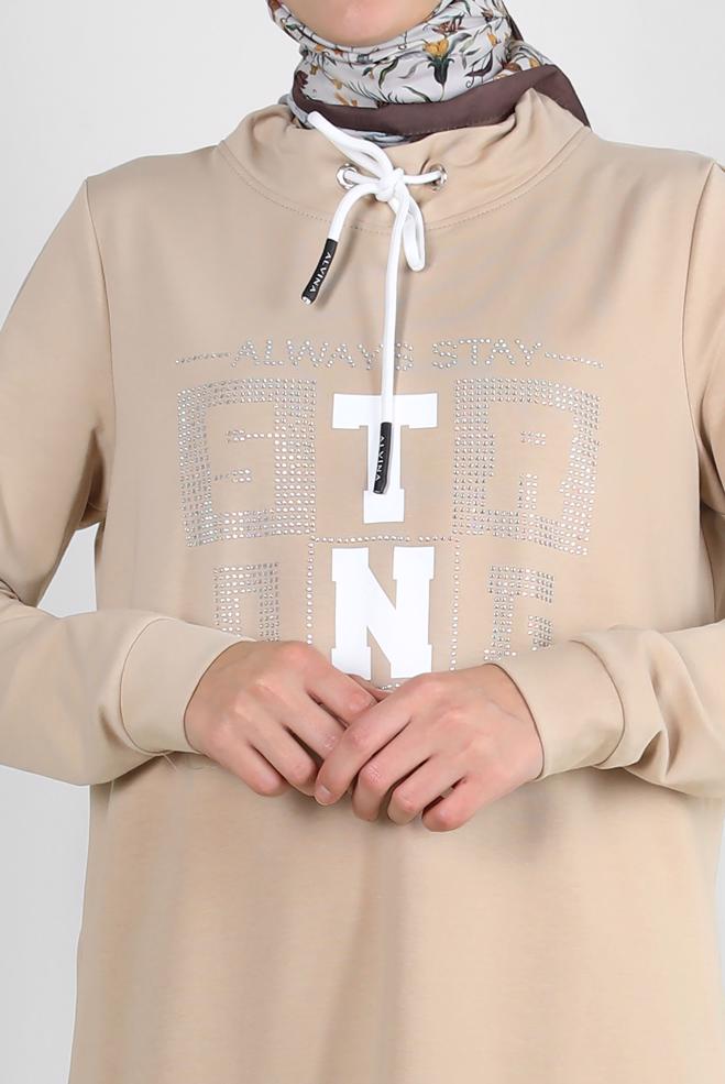 Hijab clothing BEIGE PRINTED TRACKSUIT DRESS WITH TIE DETAIL 43693  - ALVİNA