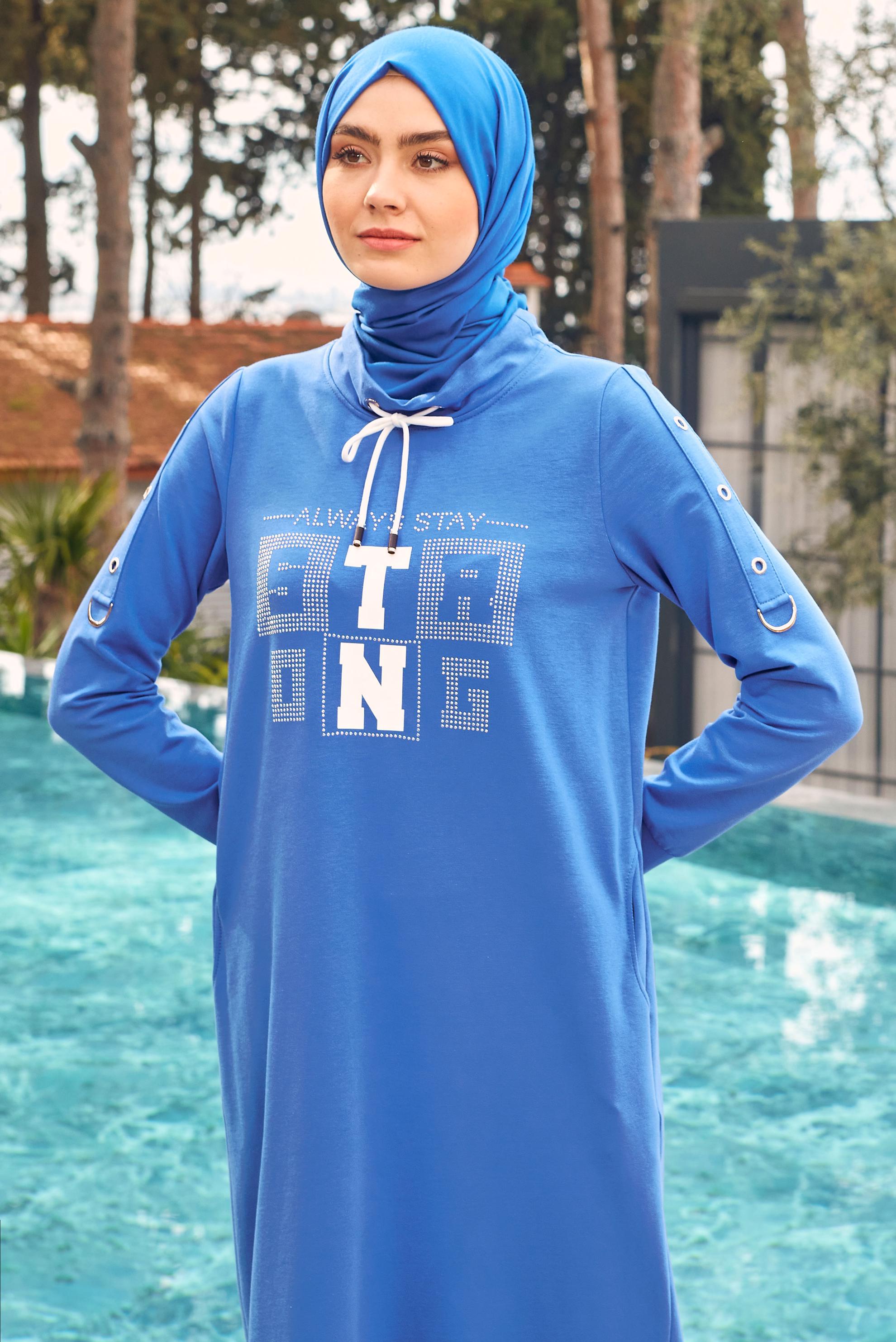 Vêtements hijab BLEU ROBE SURVÊTEMENT IMPRIMÉ À NOUER 43693