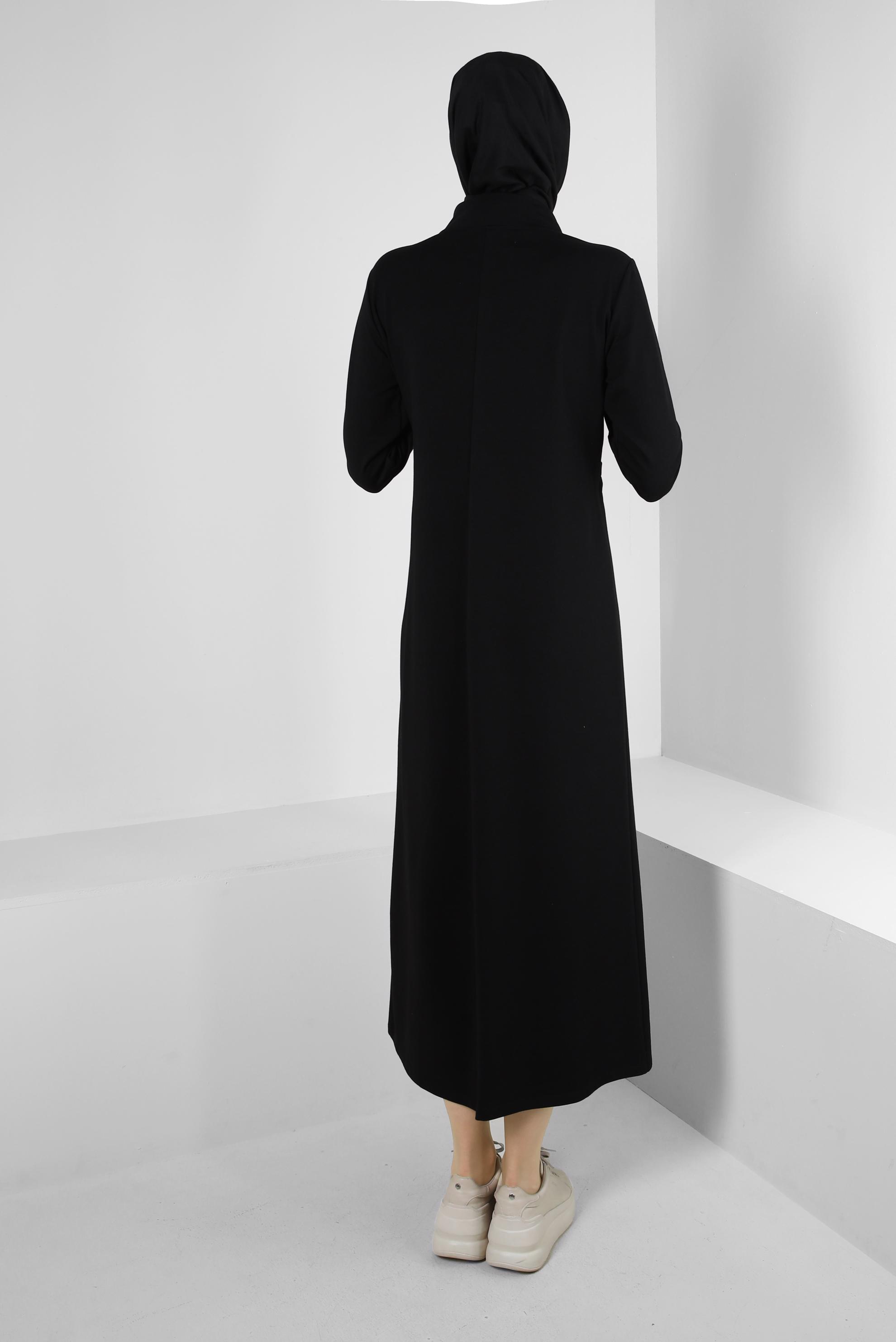 Tesettür giyim SİYAH YAZI BASKILI BELİ BÜZGÜLÜ EŞOFMAN ELBİSE 43694