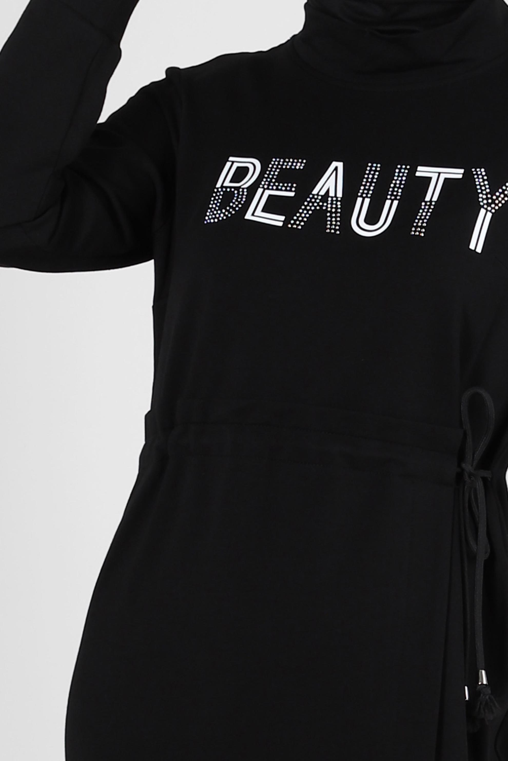 Tesettür giyim SİYAH YAZI BASKILI BELİ BÜZGÜLÜ EŞOFMAN ELBİSE 43694