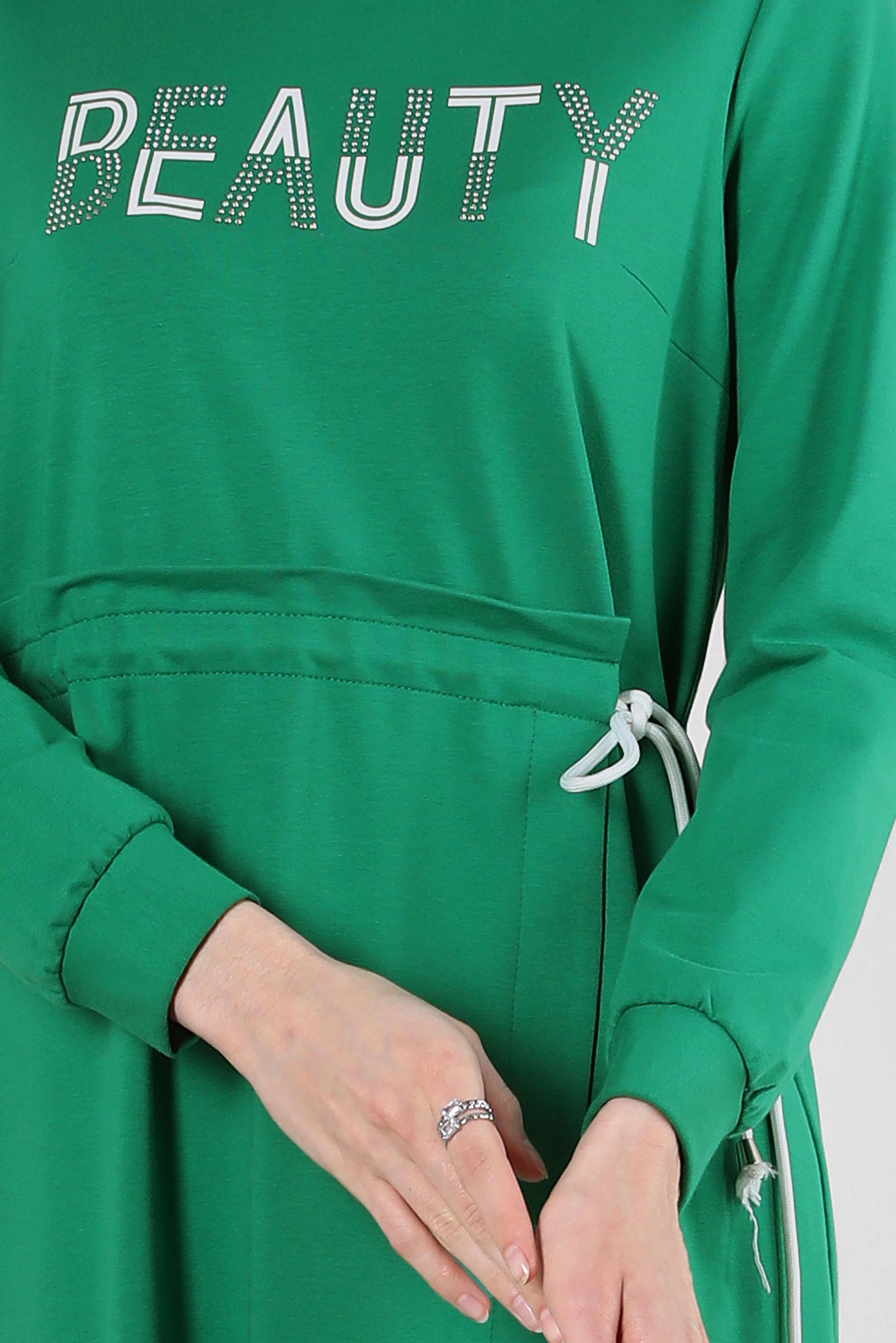 Tesettür giyim YEŞİL YAZI BASKILI BELİ BÜZGÜLÜ EŞOFMAN ELBİSE 43694