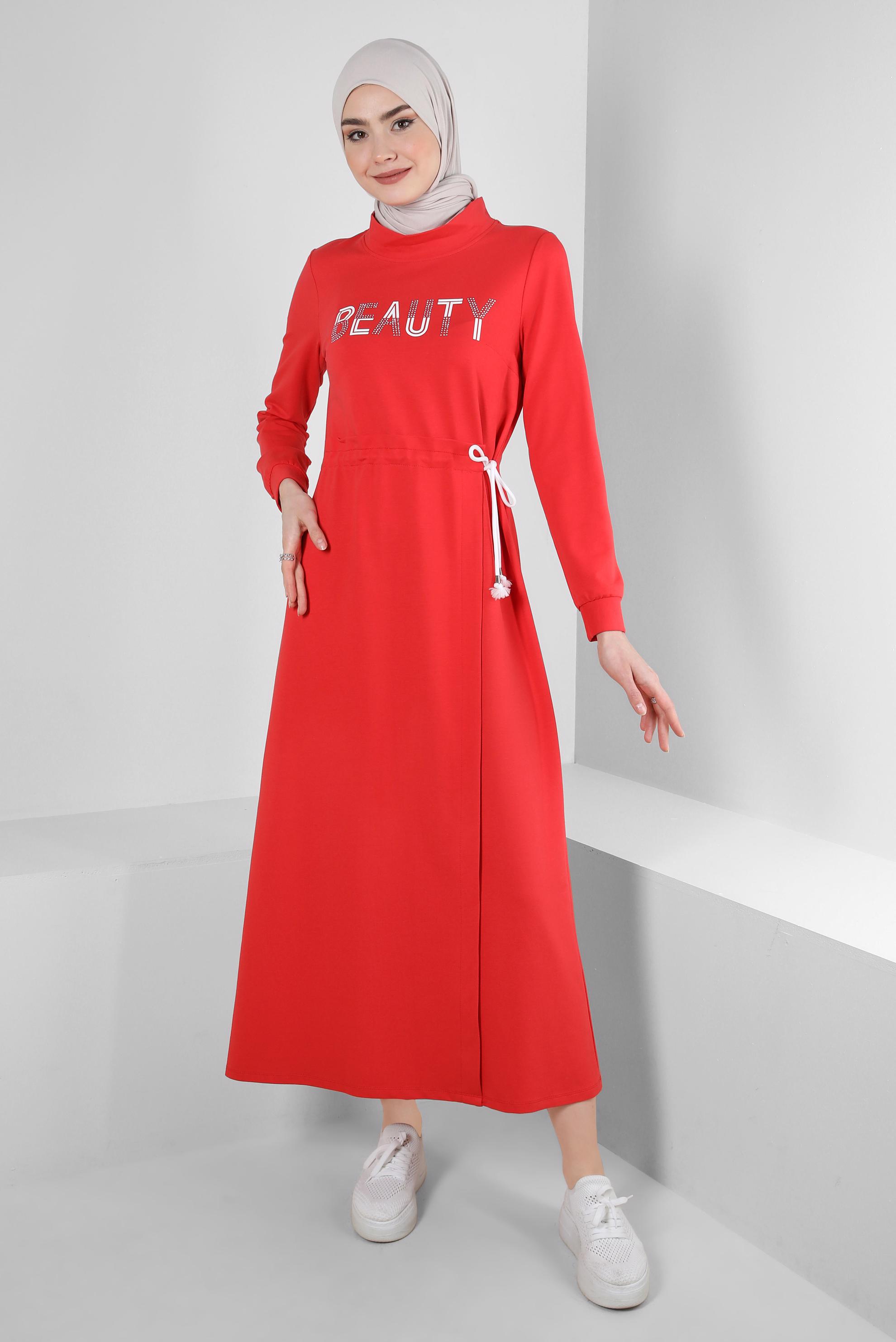 Vêtements hijab ROUGE ROBE SURVÊTEMENT IMPRIMÉ AVEC TAILLE SMOCKÉE 43694