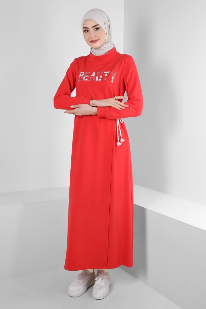 Hijab clothing RED PRINTED TRACKSUIT DRESS WITH SMOCKING WAIST 43694 - ALVİNA