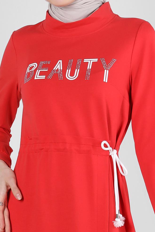 Hijab clothing RED PRINTED TRACKSUIT DRESS WITH SMOCKING WAIST 43694 - ALVİNA