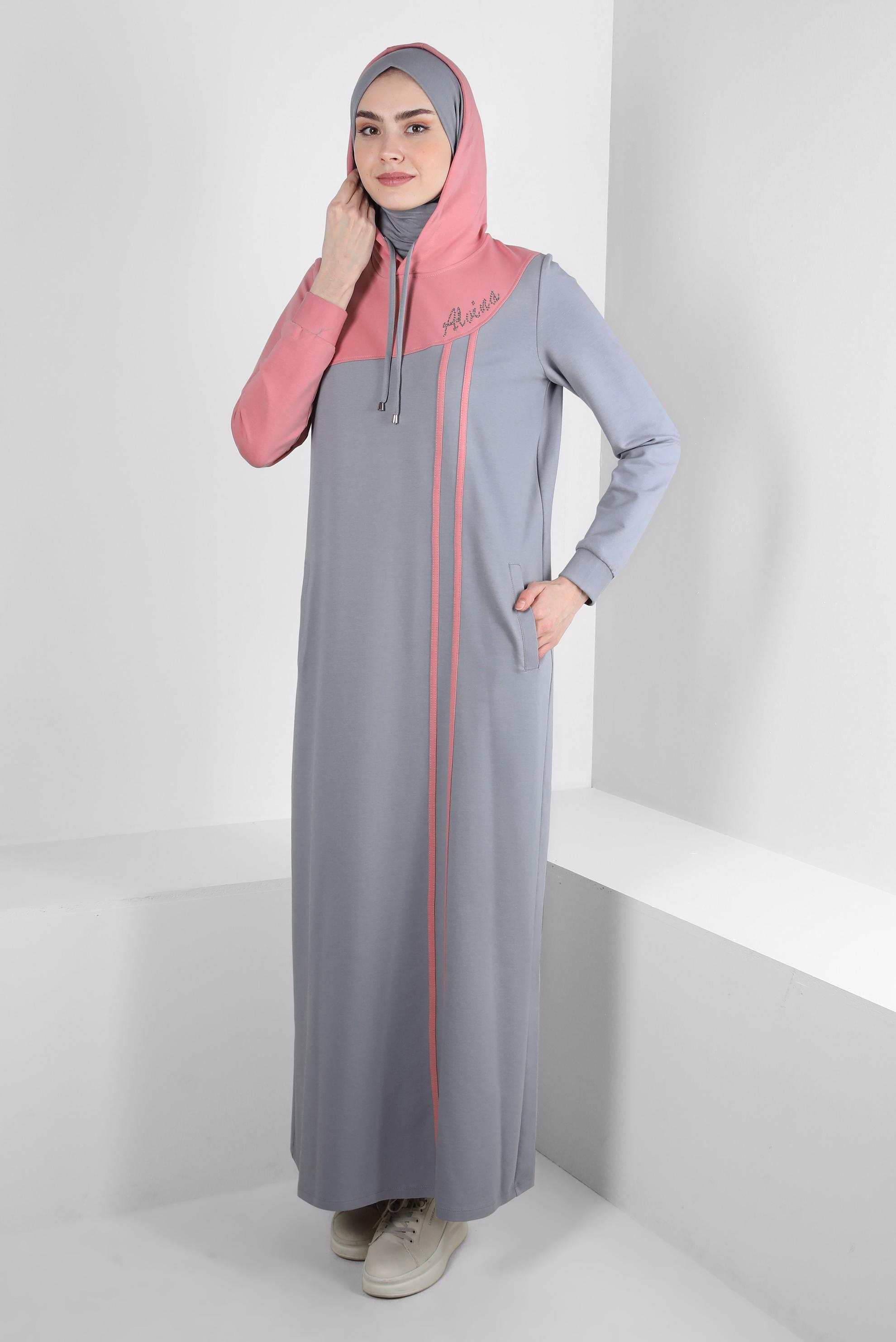 Tesettür giyim GRİ İKİ RENKLİ KAPÜŞONLU EŞOFMAN ELBİSE 43695