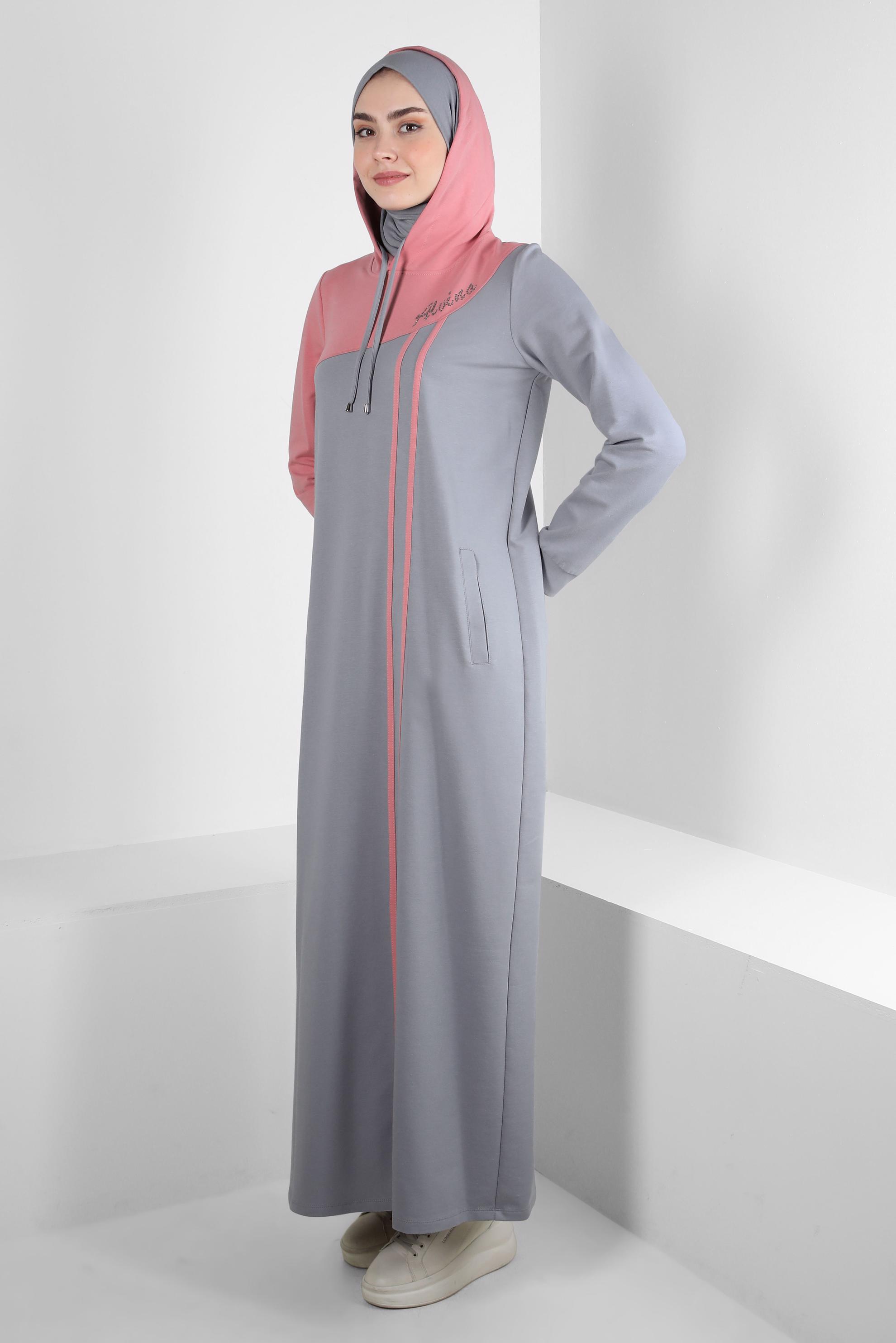 Tesettür giyim GRİ İKİ RENKLİ KAPÜŞONLU EŞOFMAN ELBİSE 43695