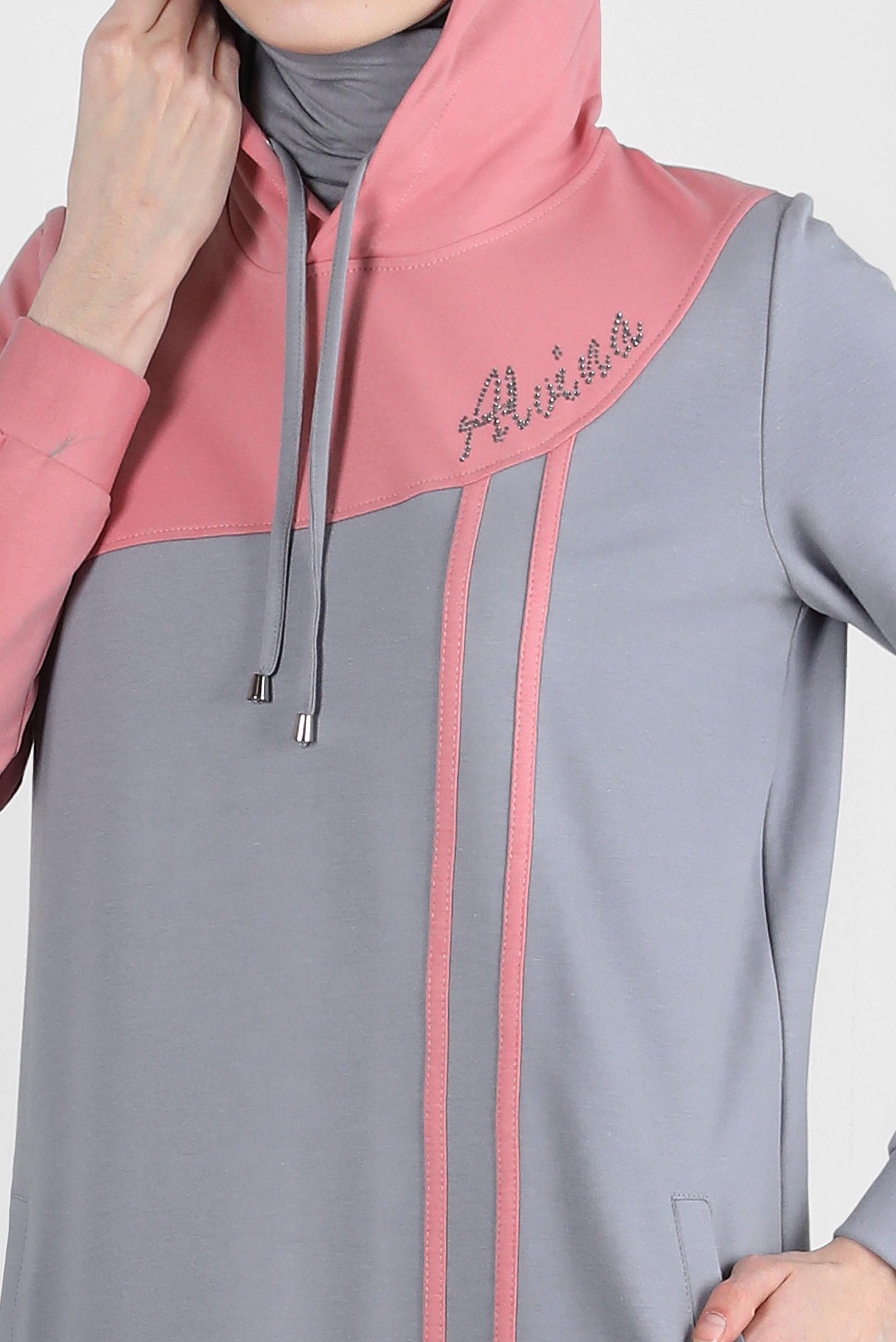 Tesettür giyim GRİ İKİ RENKLİ KAPÜŞONLU EŞOFMAN ELBİSE 43695