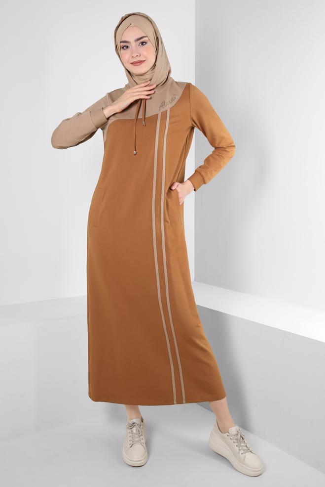 Tesettür giyim SARI İKİ RENKLİ KAPÜŞONLU EŞOFMAN ELBİSE 43695 - ALVİNA